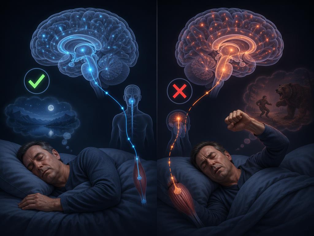 Medical illustration contrasting normal REM atonia with REM sleep behavior disorder dream enactment
