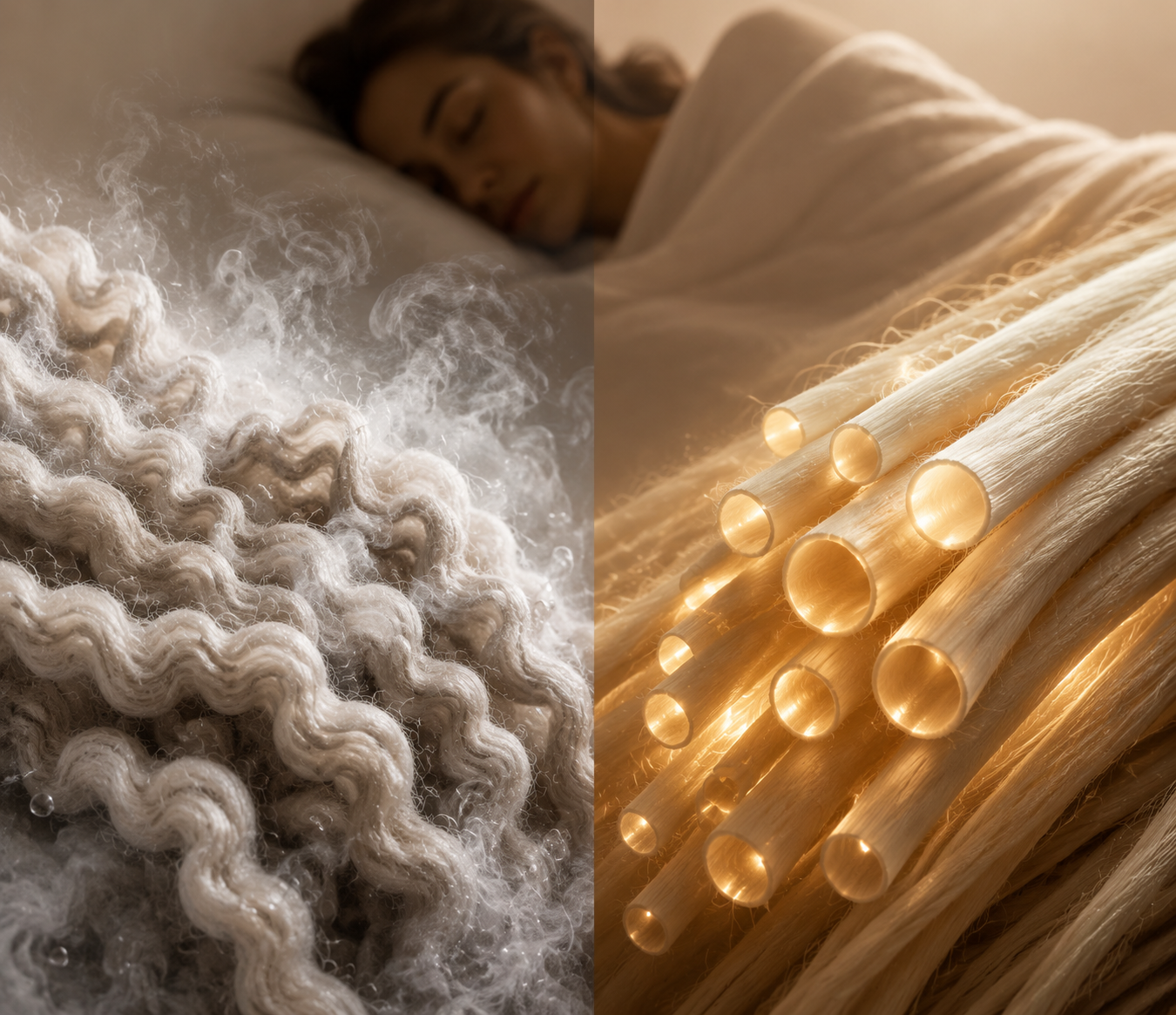 Split comparison of crimped merino fibers with moisture vapor and hollow alpaca fibers with retained warmth