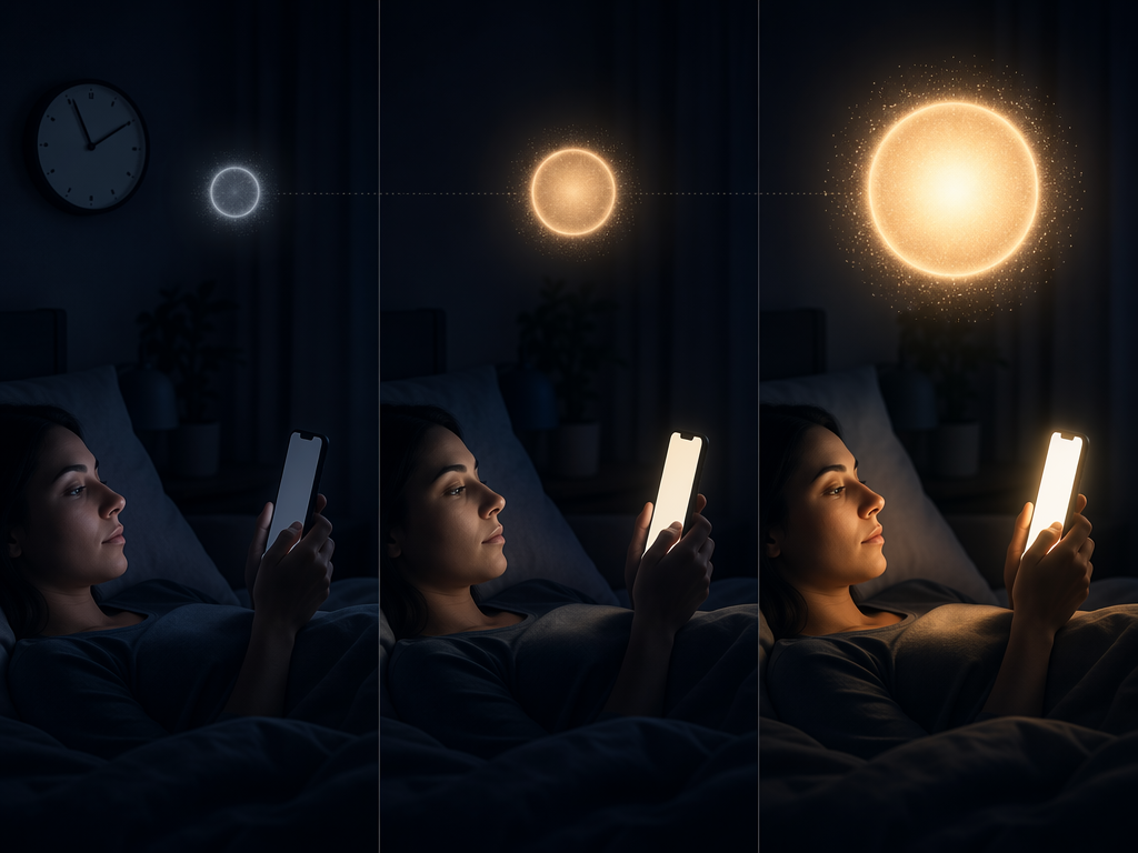 Smartphone shown at dim, medium, and bright nighttime settings to illustrate brightness and timing effects