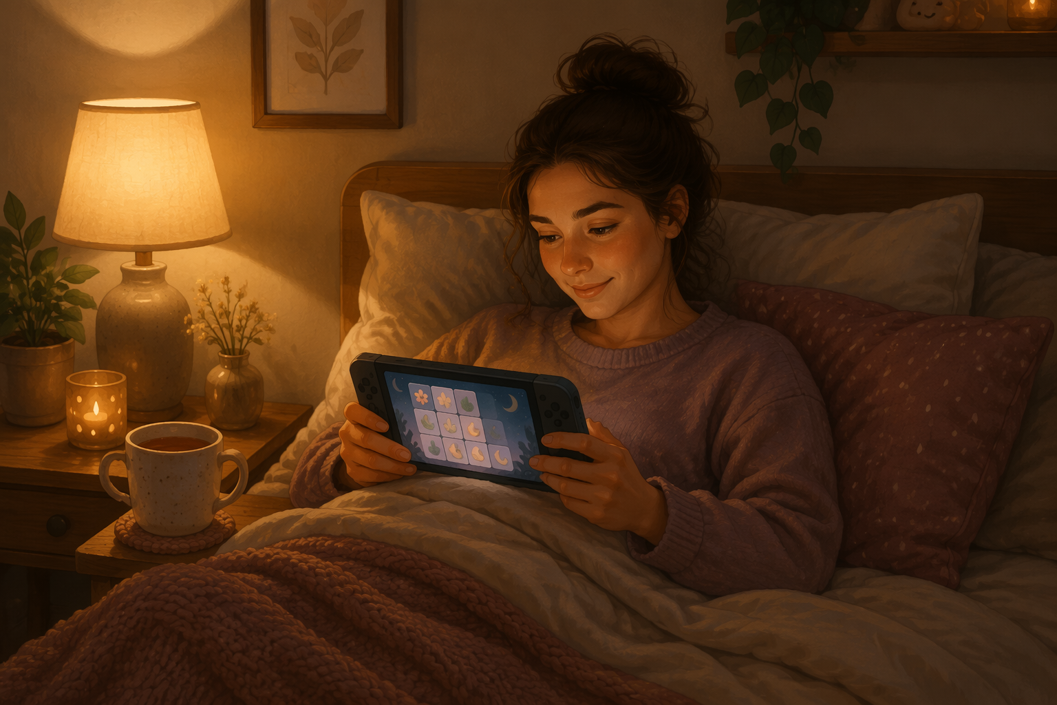 Relaxed person in bed playing a simple puzzle game in warm lamplight