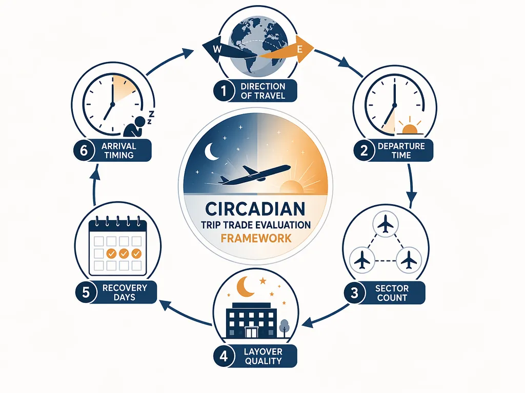 Workflow illustration of circadian trade evaluation factors including travel direction, early departure, sector count, layover quality, recovery days, and fatigue arrival window