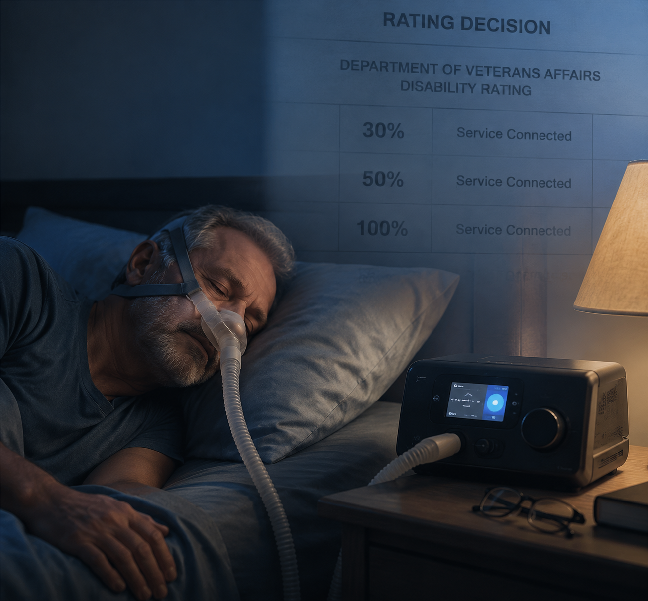 Veteran sleeping with a CPAP machine beside rating percentages