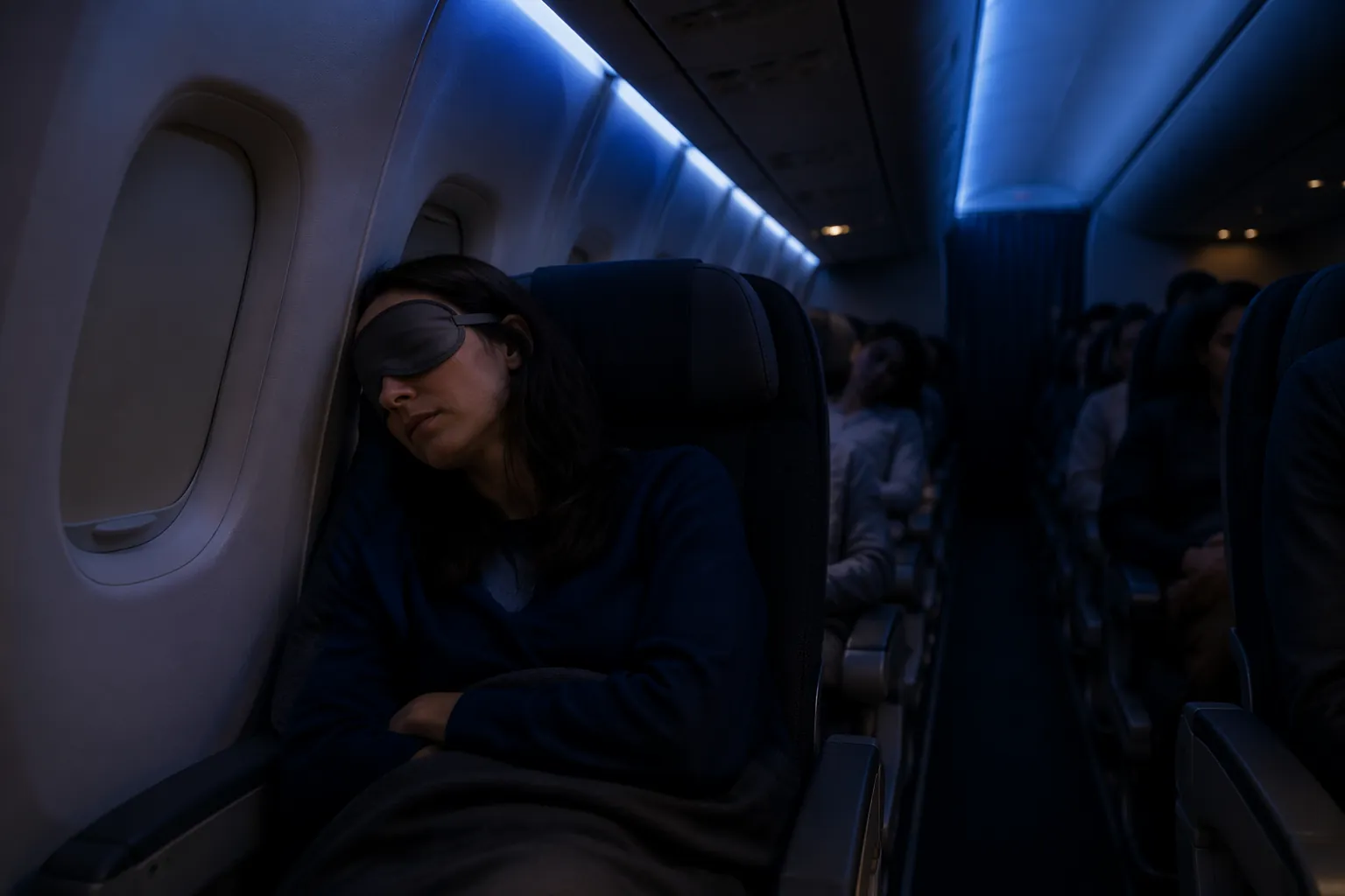 Dark quiet airplane cabin during a night flight with a traveler sleeping by the window