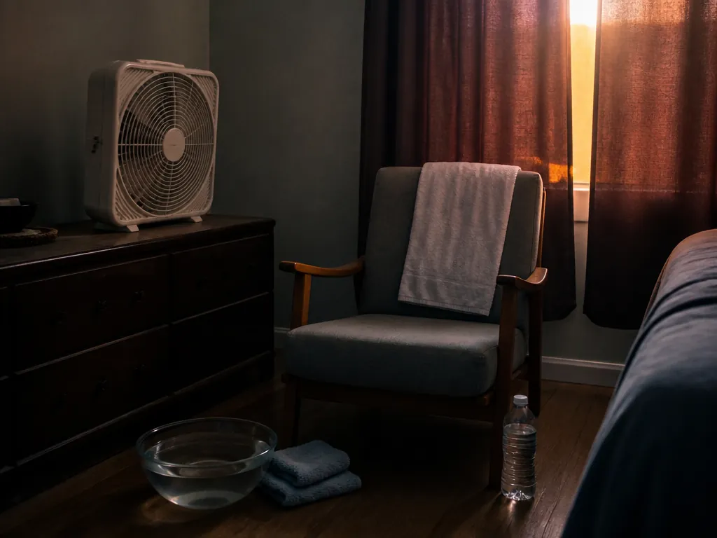 Low-cost cooling corner with a fan, cool water, washcloths, and dark curtains