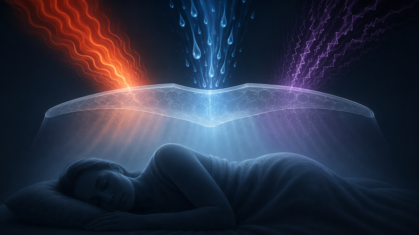 Three sleep-disruption pathways from hormonal night sweats, nocturia, and psychological hyperarousal converging toward a sleeper, with focal therapy shown as a shield