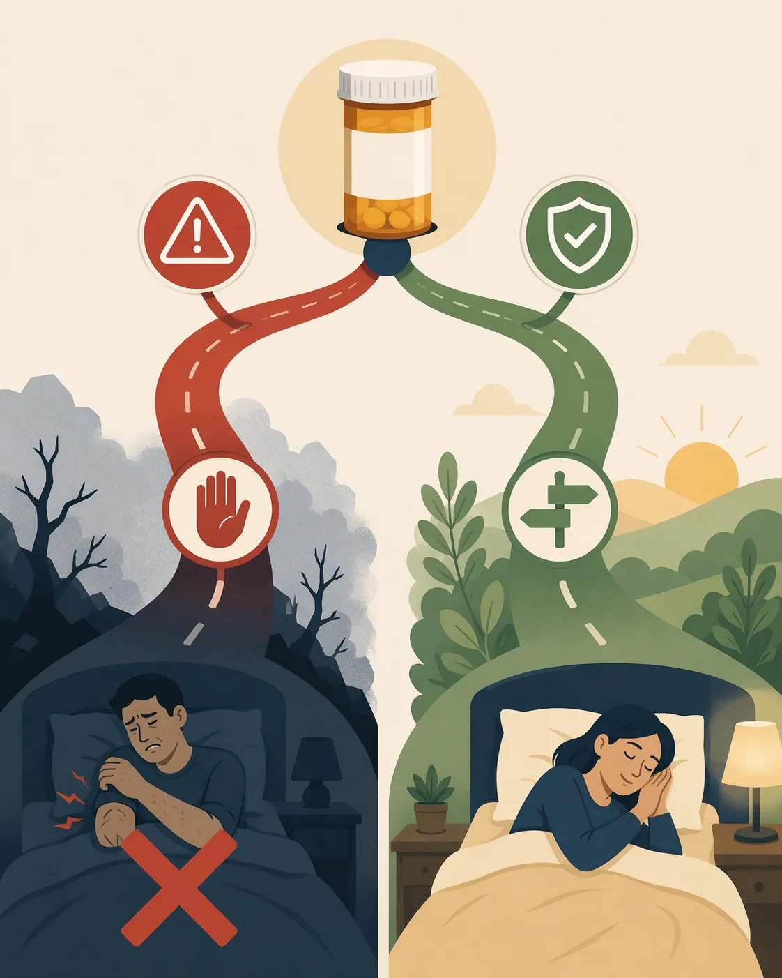 Decision fork from a medicine bottle showing contaminated lot versus unaffected lot sleep outcomes