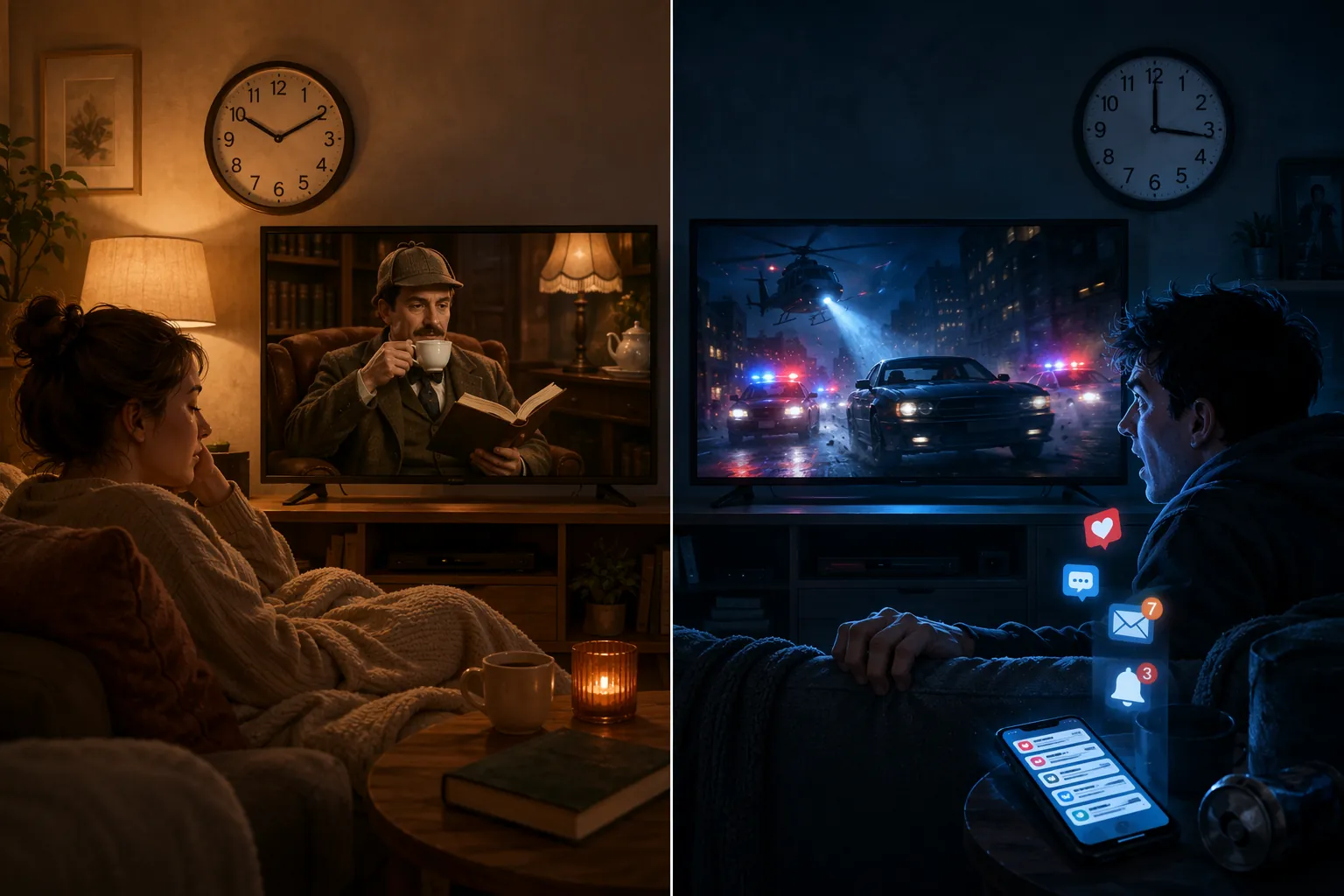 A split scene comparing calm low-challenge bedtime viewing with tense high-challenge late-night viewing