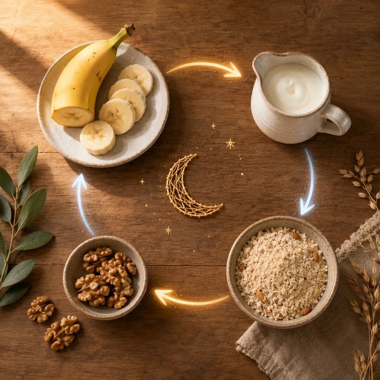 Banana, dairy, almond flour, and walnuts arranged around a crescent moon