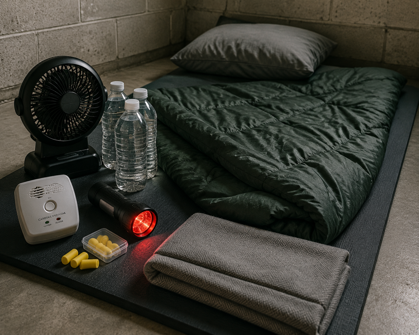 Emergency sleep and safety items arranged inside a windowless room, including a battery-powered carbon monoxide detector, red-filtered flashlight, earplugs, fan, water, and a folded blanket.