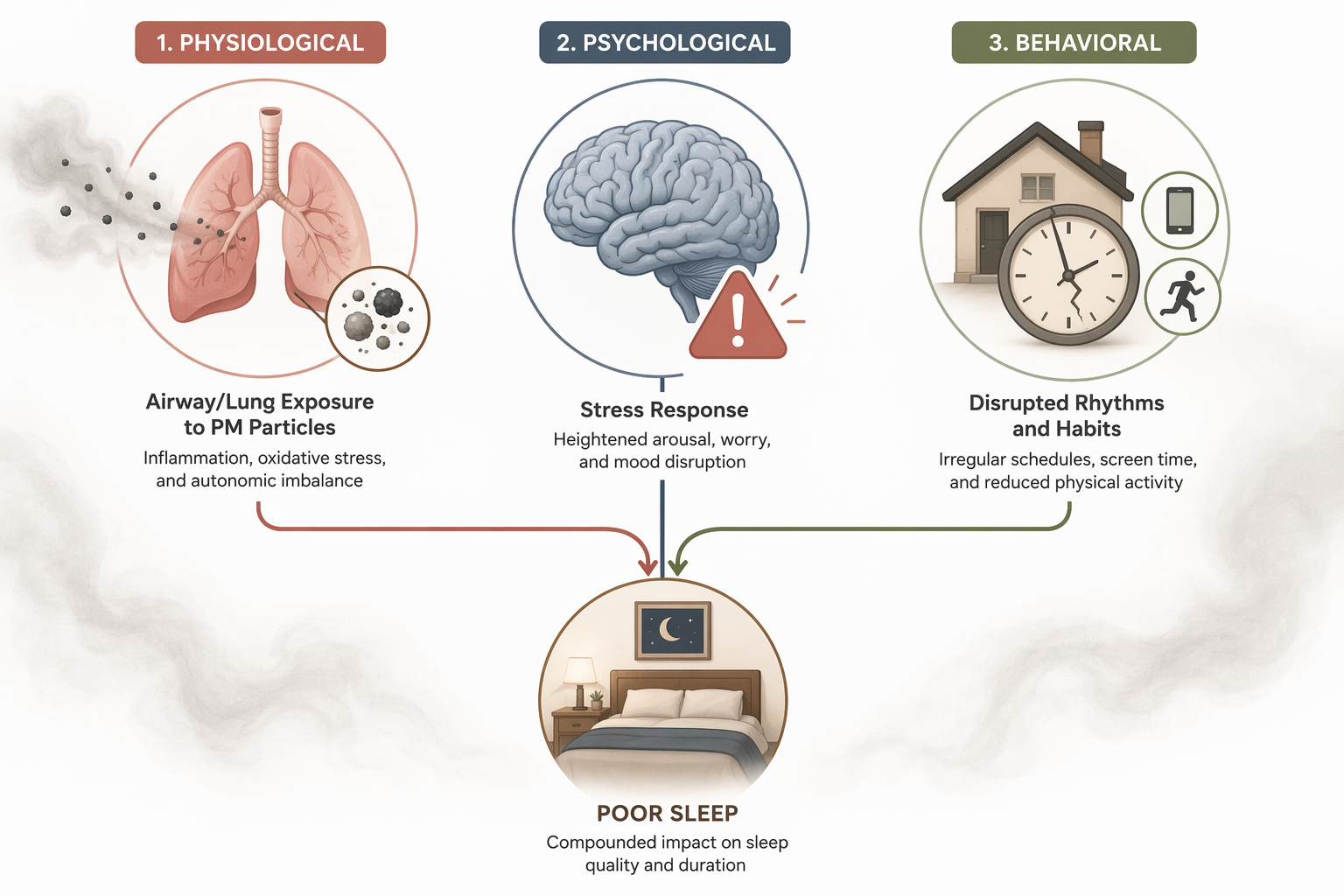 Three-pathway diagram showing physiological, psychological, and behavioral routes converging on sleep disruption