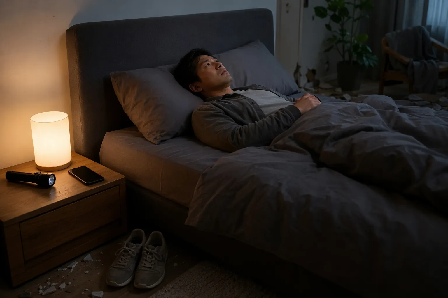 A person lies awake after an earthquake with shoes, a flashlight, and a phone within reach