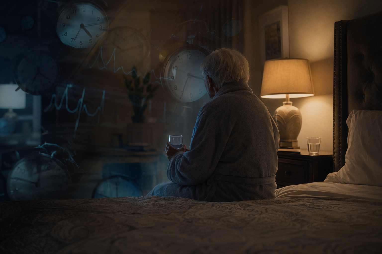 Older adult in an assisted living bedroom holding a small glass at night, with clock faces and a breathing monitor line suggesting fragmented sleep