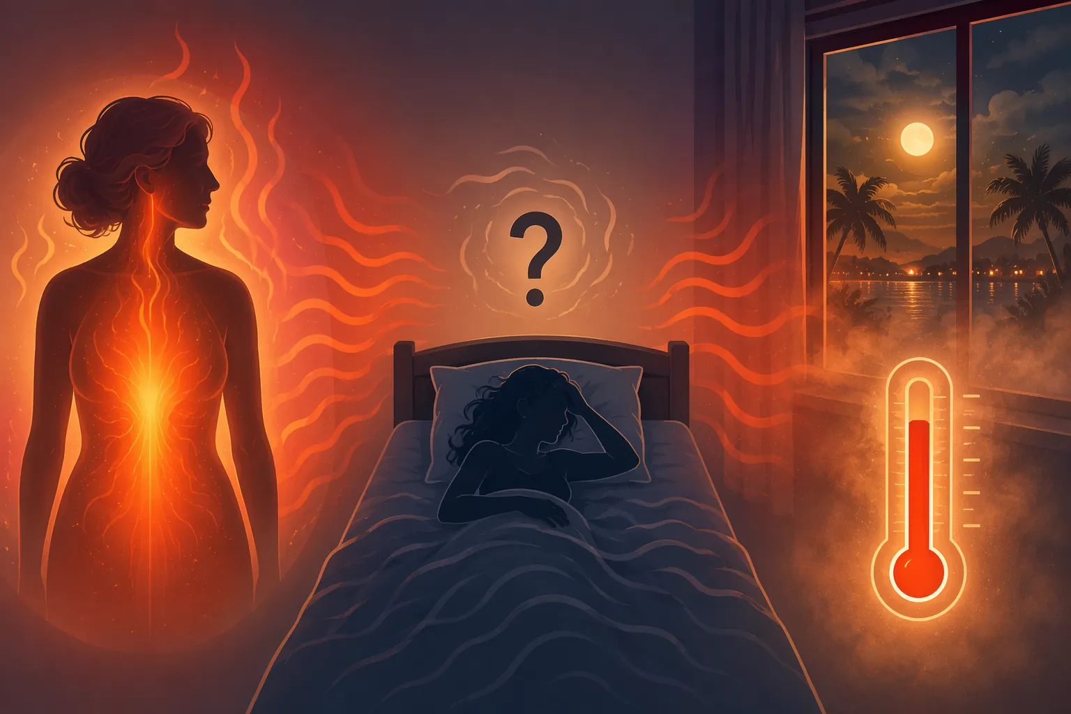 Diagram of internal vasomotor heat and external El Niño heat converging on a restless bed