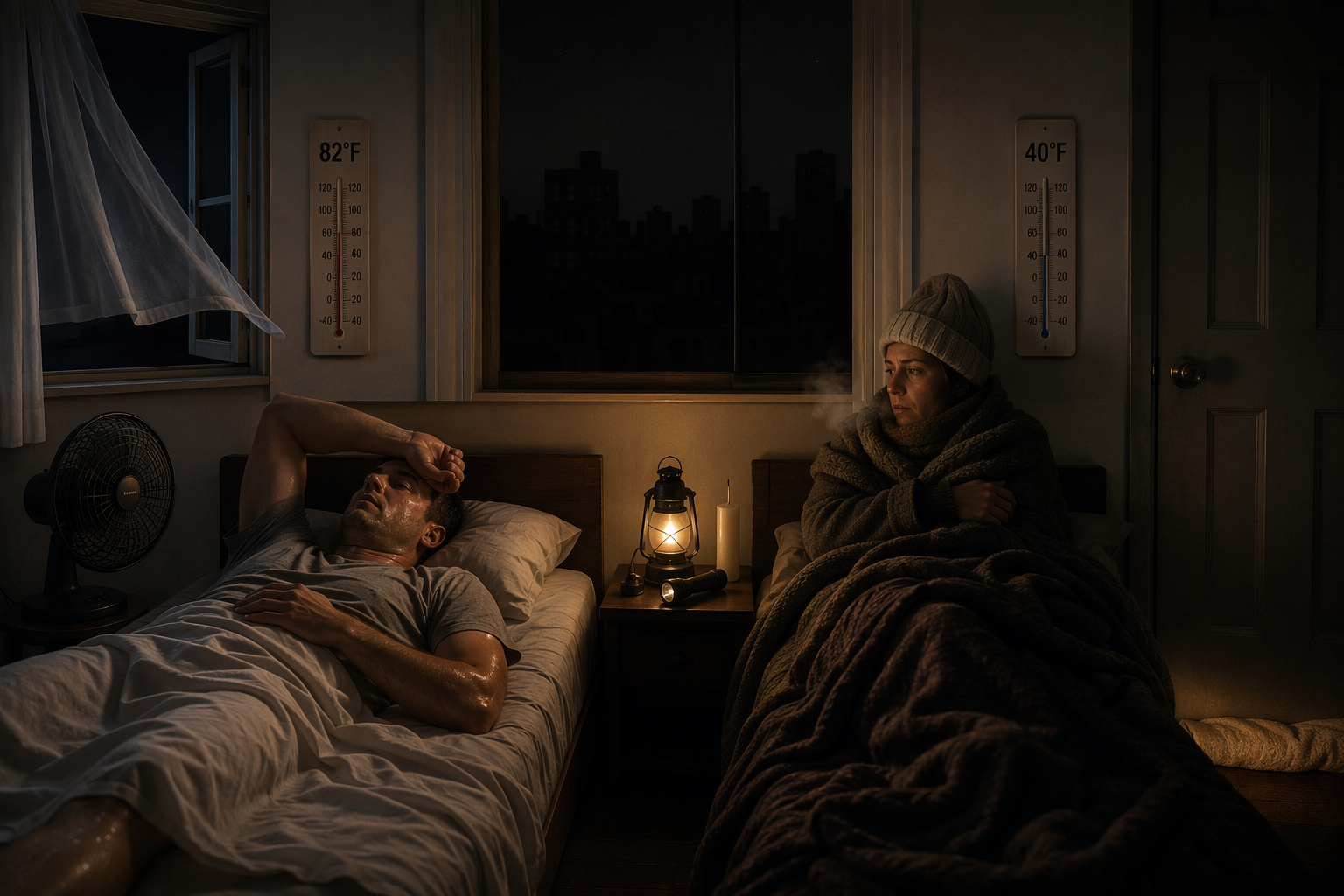Split dark bedroom showing hot and cold power outage sleep conditions with a flashlight and unlit candle on the nightstand