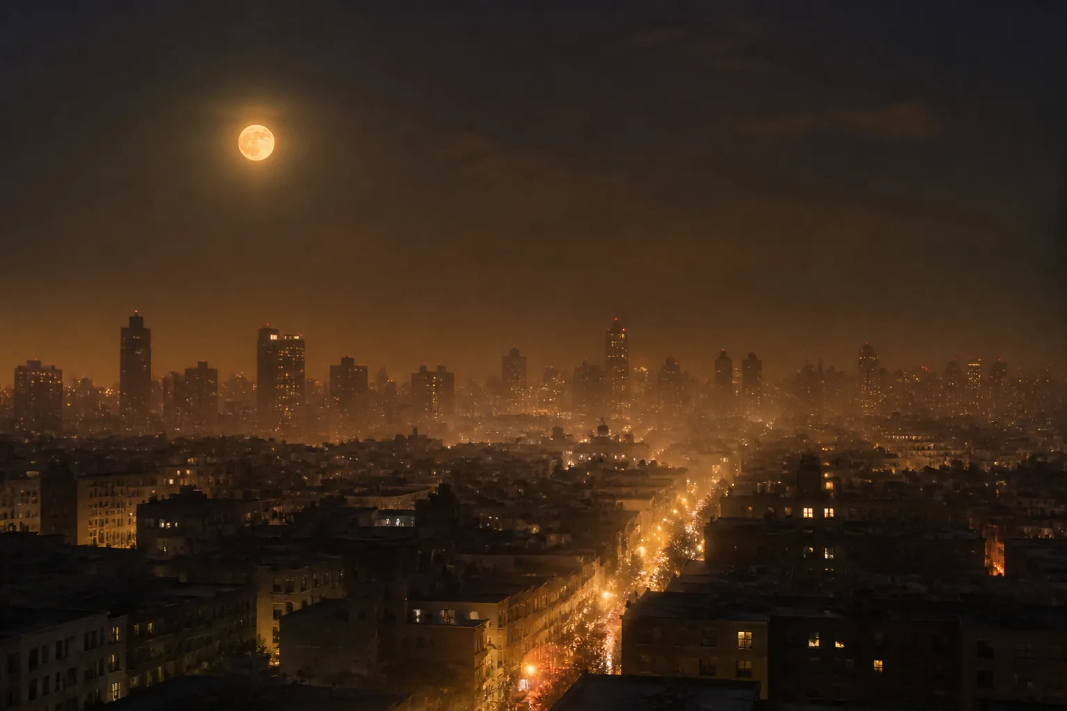 A city skyline at night sits under a humid summer heat haze with warm air rising from rooftops