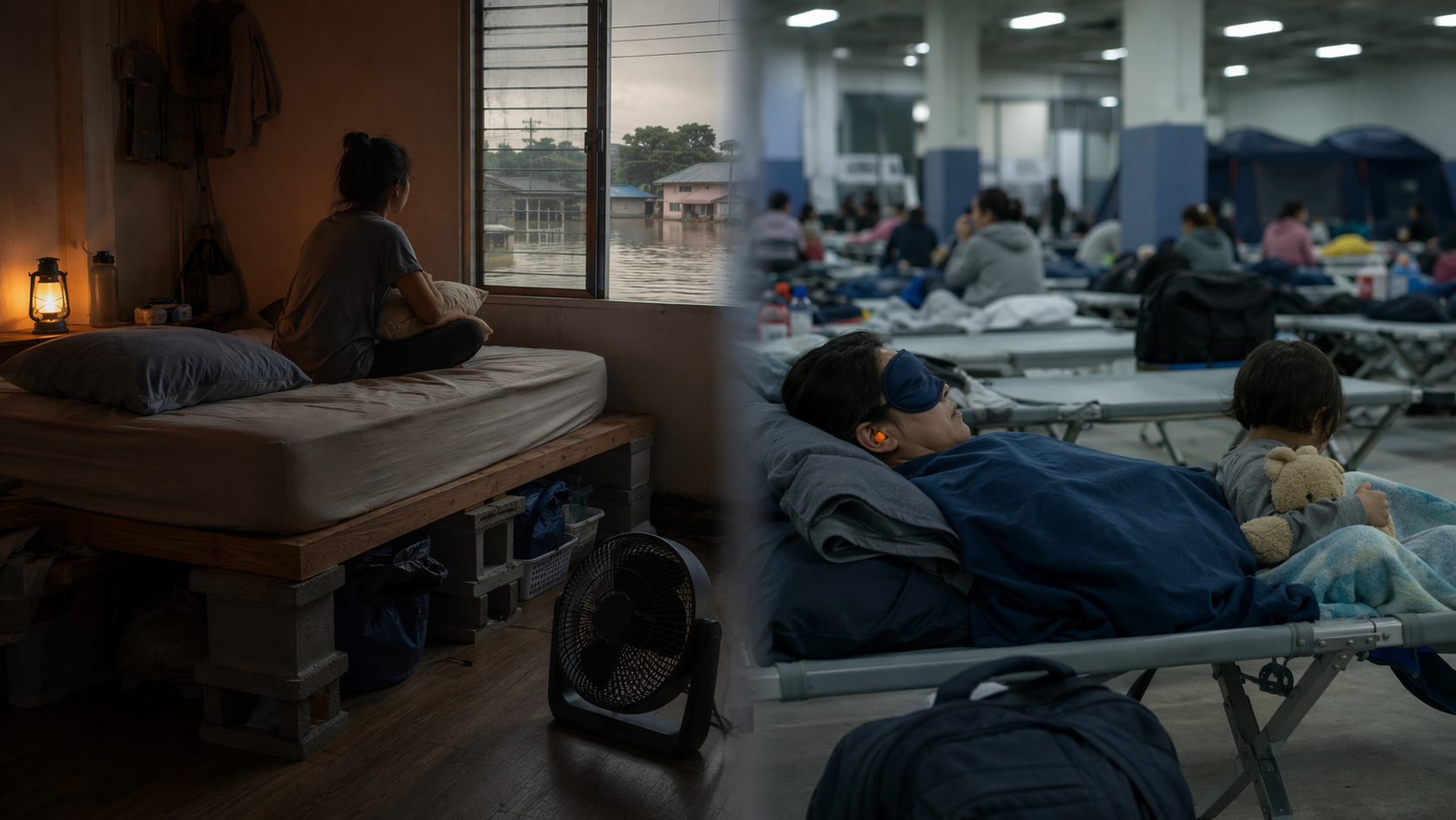 Split scene comparing sleep during a flood emergency at home on an upper floor and in an evacuation shelter with cots and fluorescent lighting