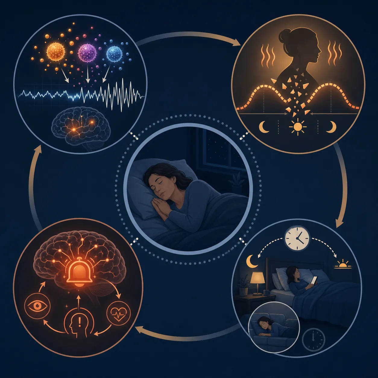 Infographic showing four mechanisms of post-cancer insomnia: inflammation, hormonal disruption, conditioned hyperarousal, and behavioral legacy