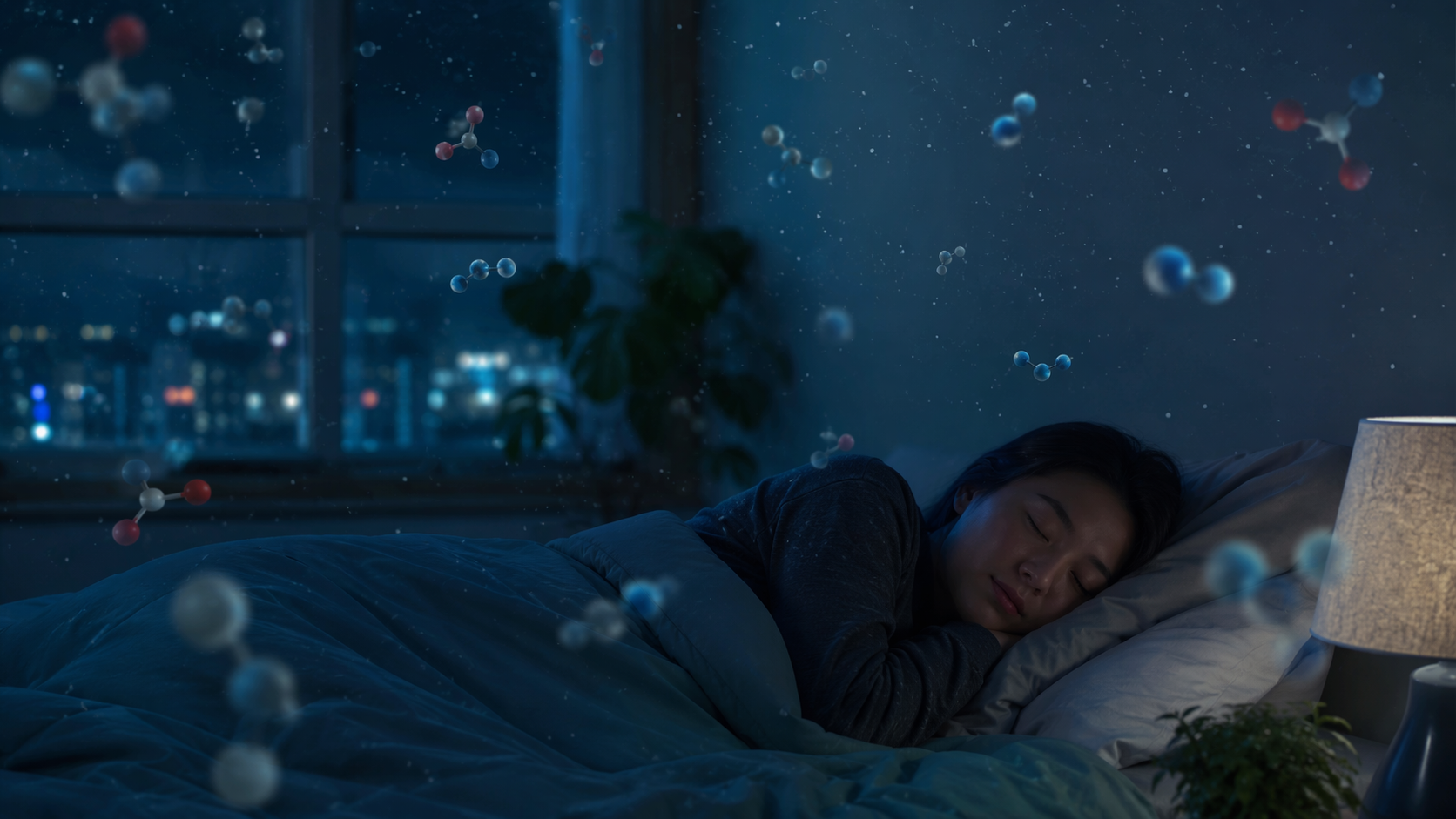 A sleeping person in a dark bedroom with barely visible particles and molecular shapes in the air