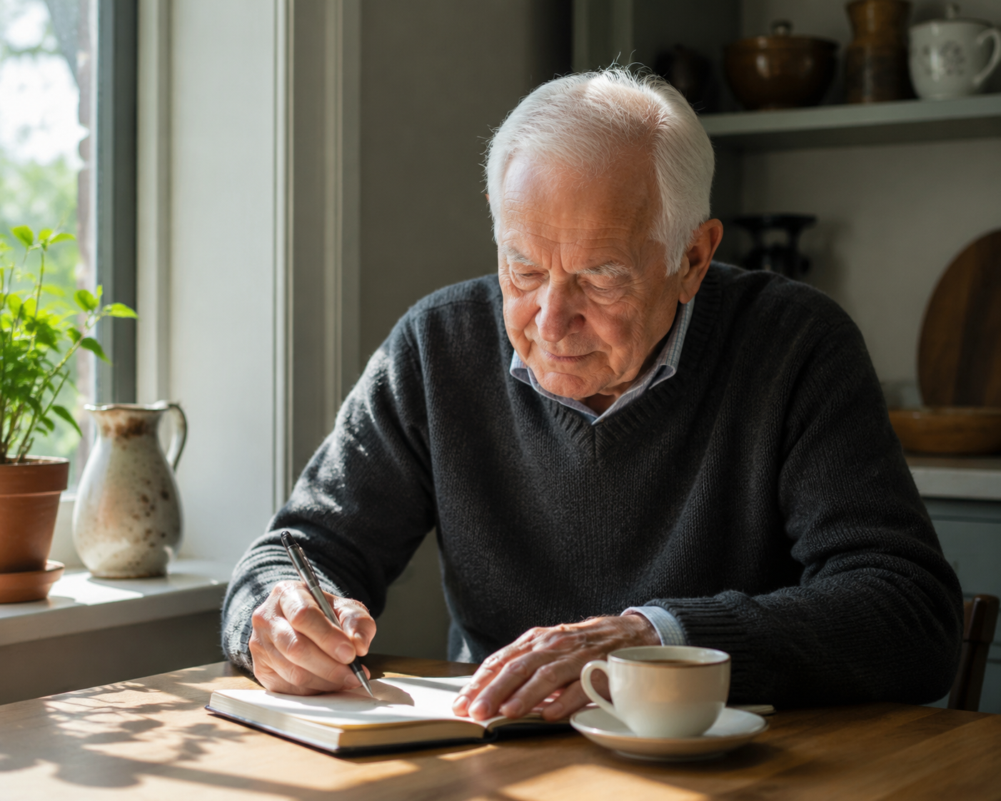 An older man writing calmly in a notebook at a sunny kitchen table
