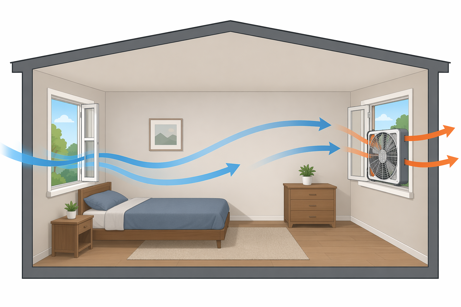 Diagram of a bedroom with a fan blowing warm air out one window while cooler air enters from the opposite window
