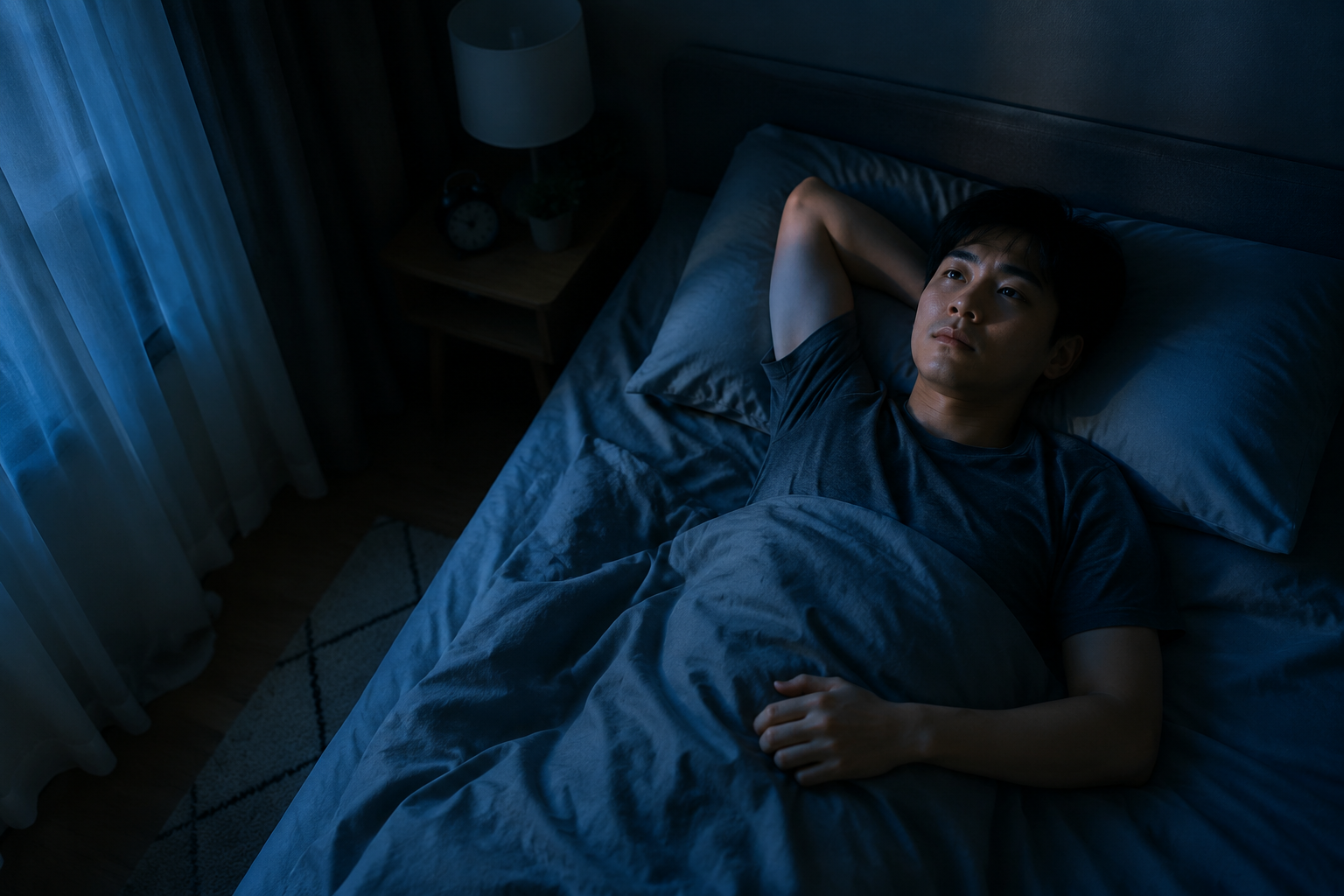 A person lying awake in a dimly lit bedroom at night
