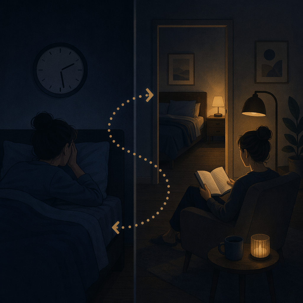 Person moving from bed to a dim living room after lying awake and watching the clock