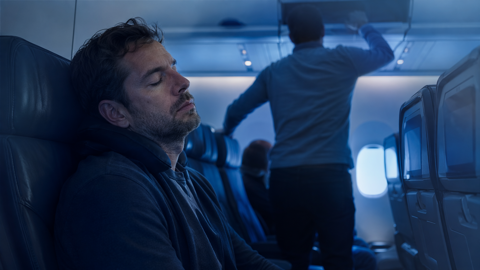 Weary traveler dozing in an aisle seat while another passenger stands abruptly in a dim airplane cabin