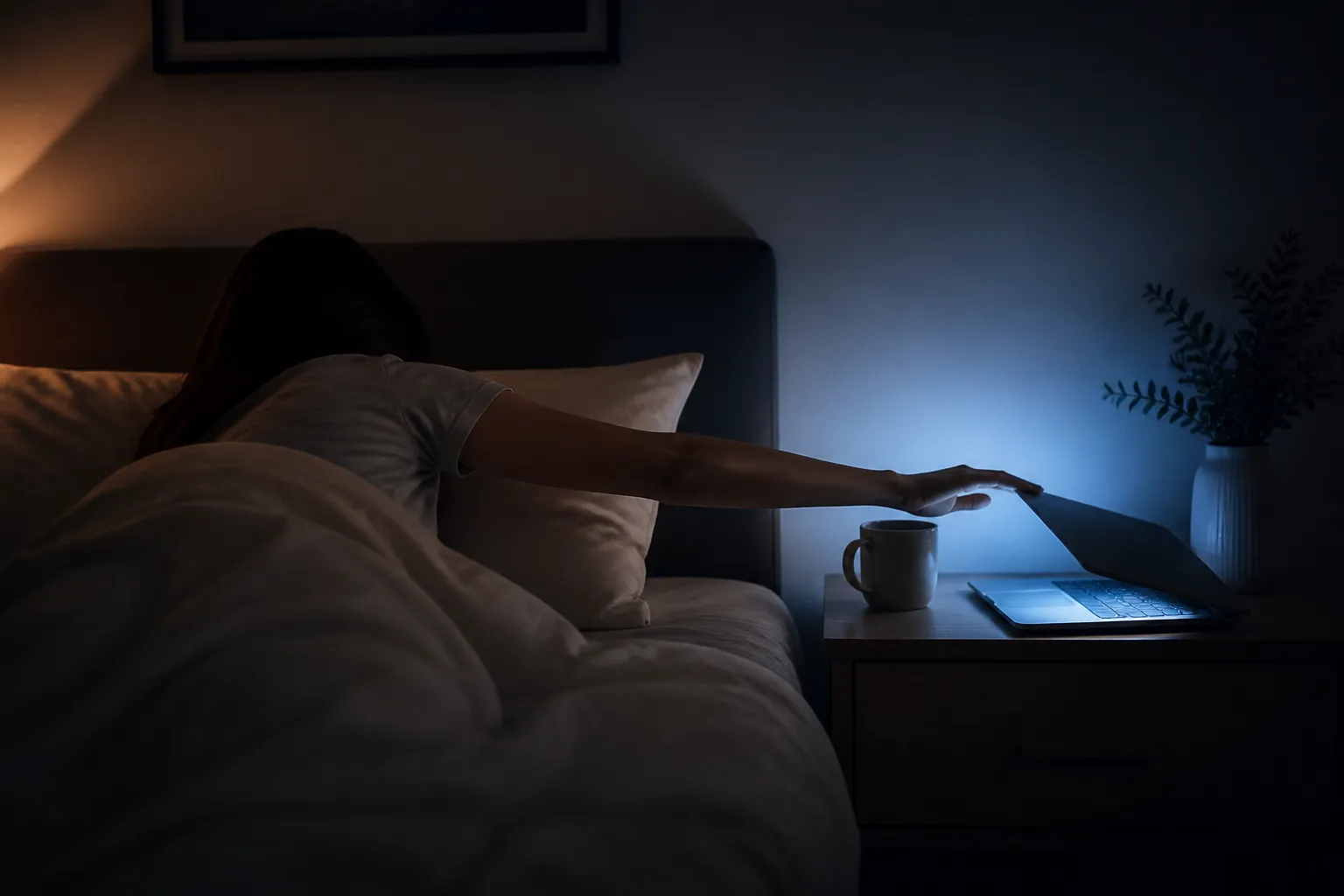 A dim bedroom lit partly by the cool glow of an open laptop as a hand reaches to close it
