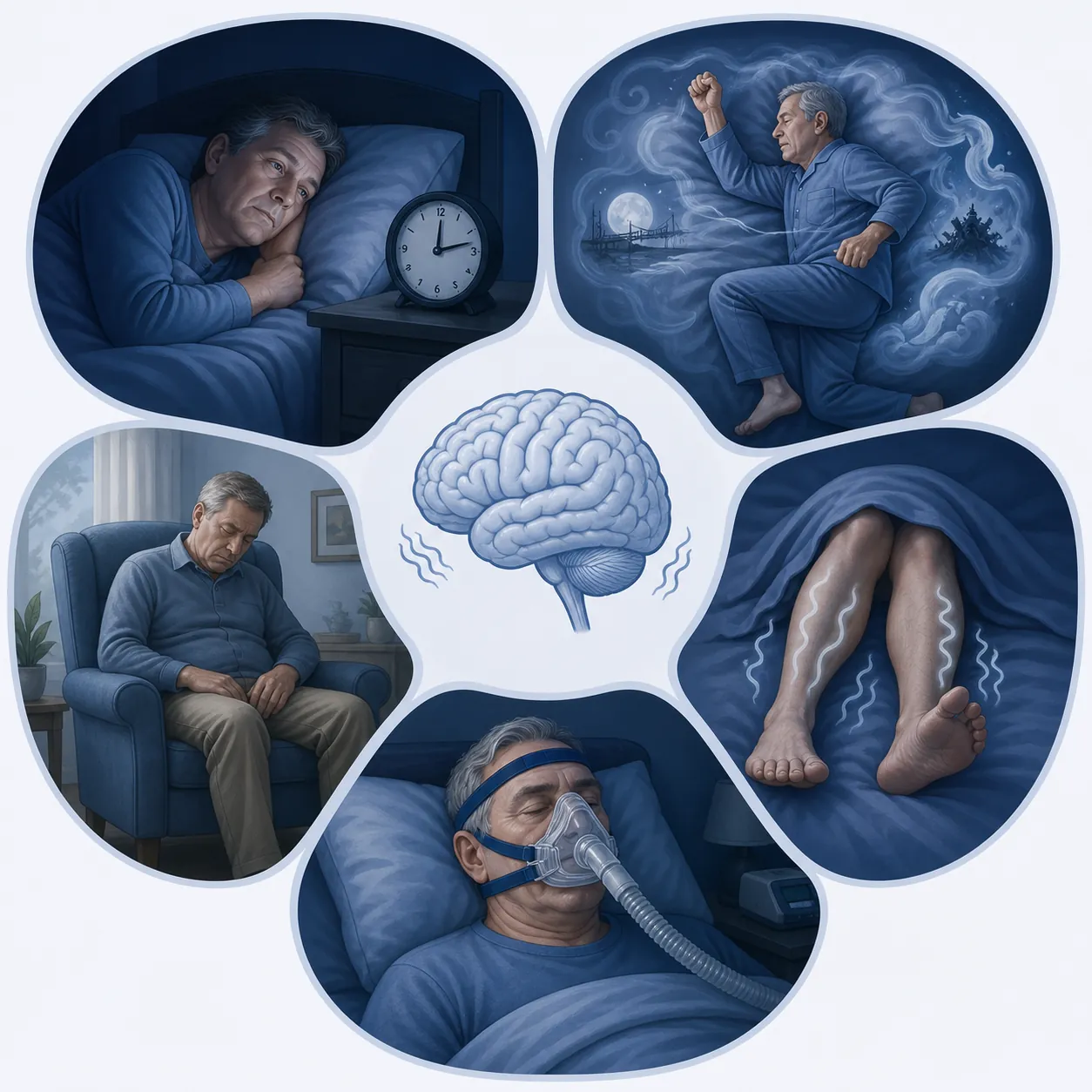Illustration of five Parkinson's-related sleep problems: insomnia, dream enactment, daytime sleepiness, restless legs, and CPAP-treated breathing disturbance