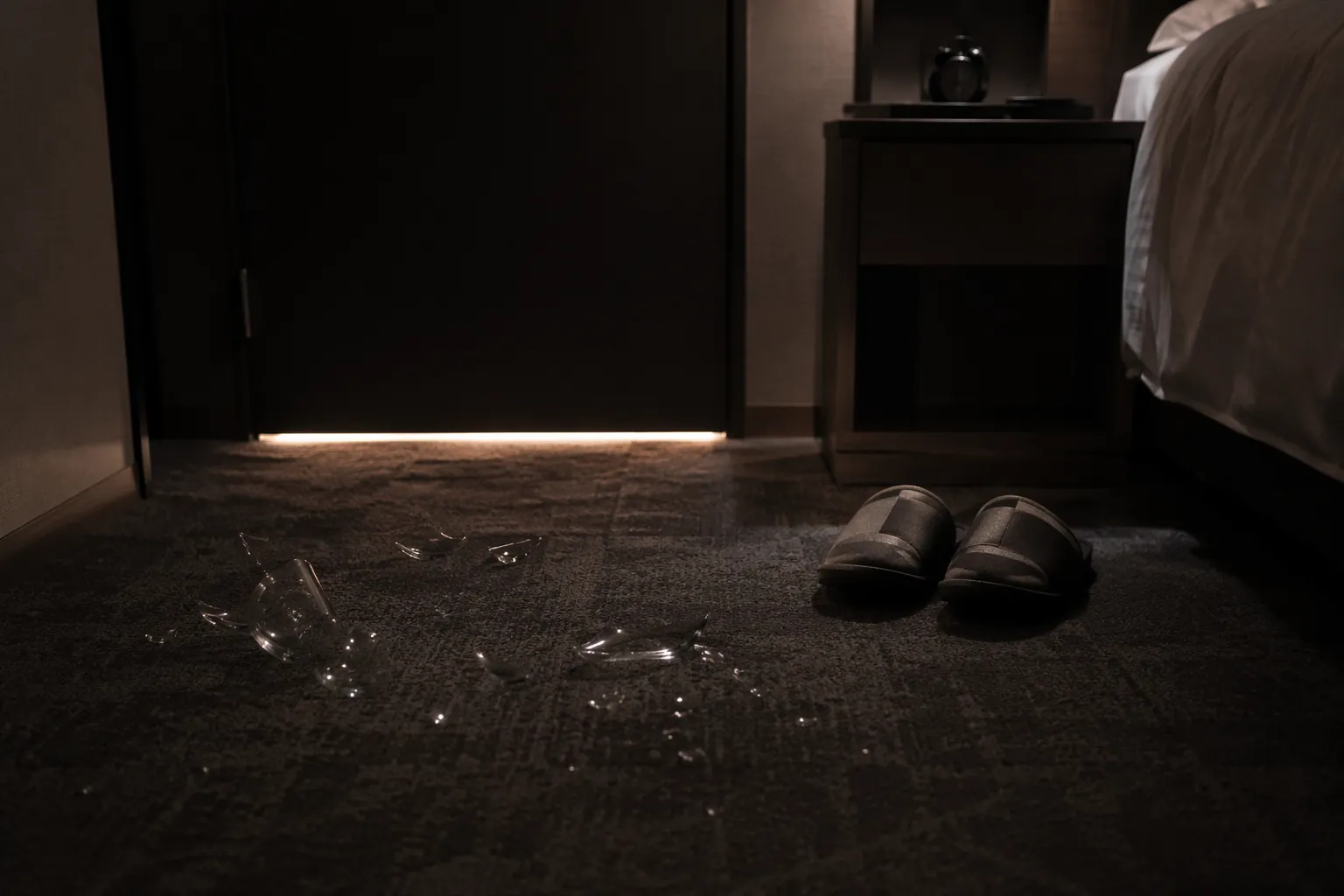 Broken glass lies on a dark Japanese hotel bedroom floor near bedside slippers after a nighttime earthquake.