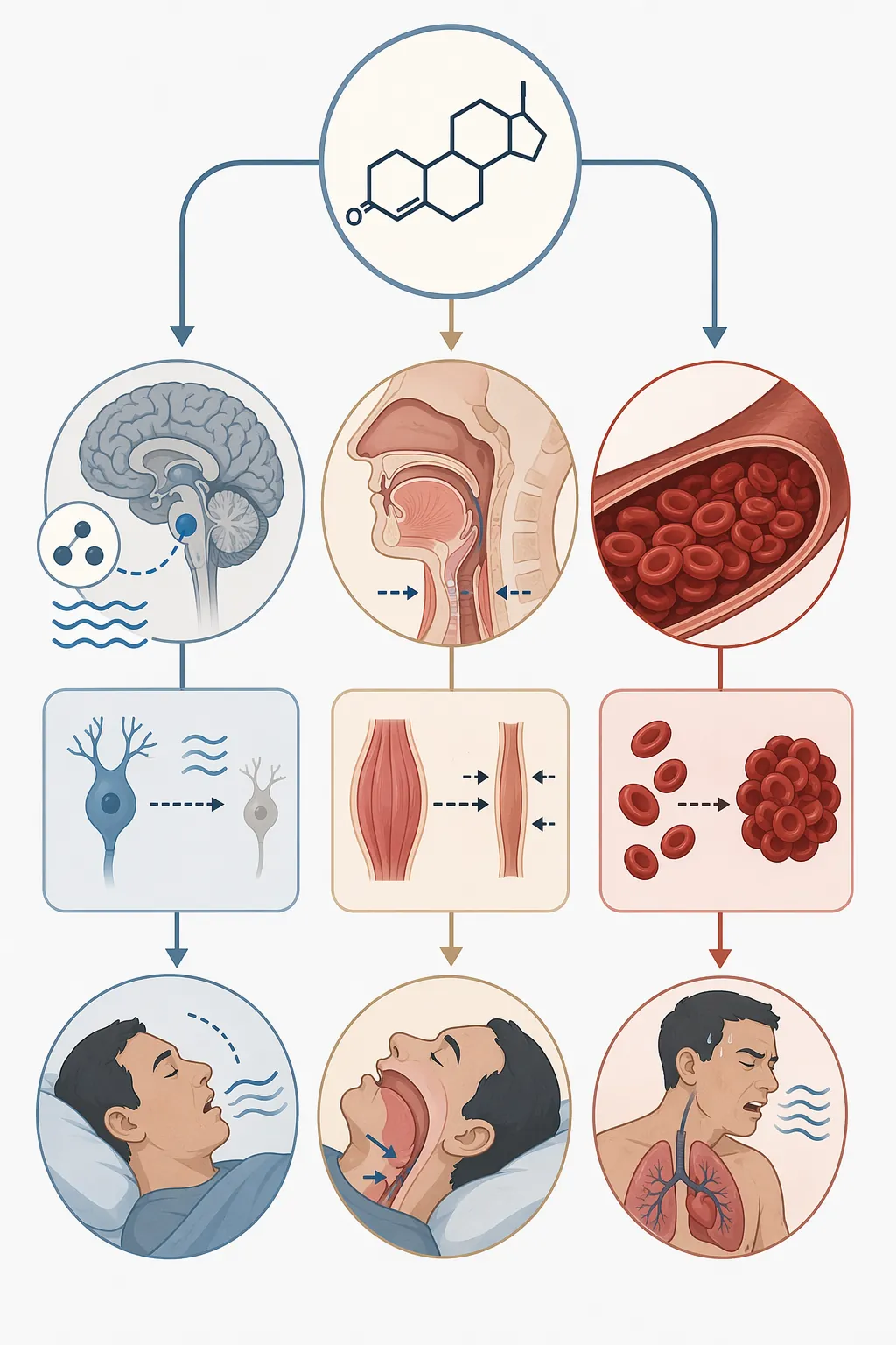 Medical illustration of testosterone pathways affecting breathing control, airway stability, and red blood cells
