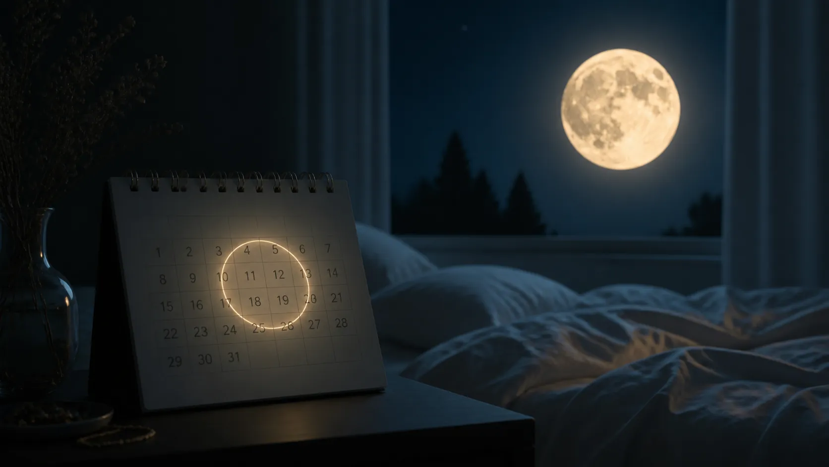 Full moon above a desk calendar and rumpled bed in a dark bedroom