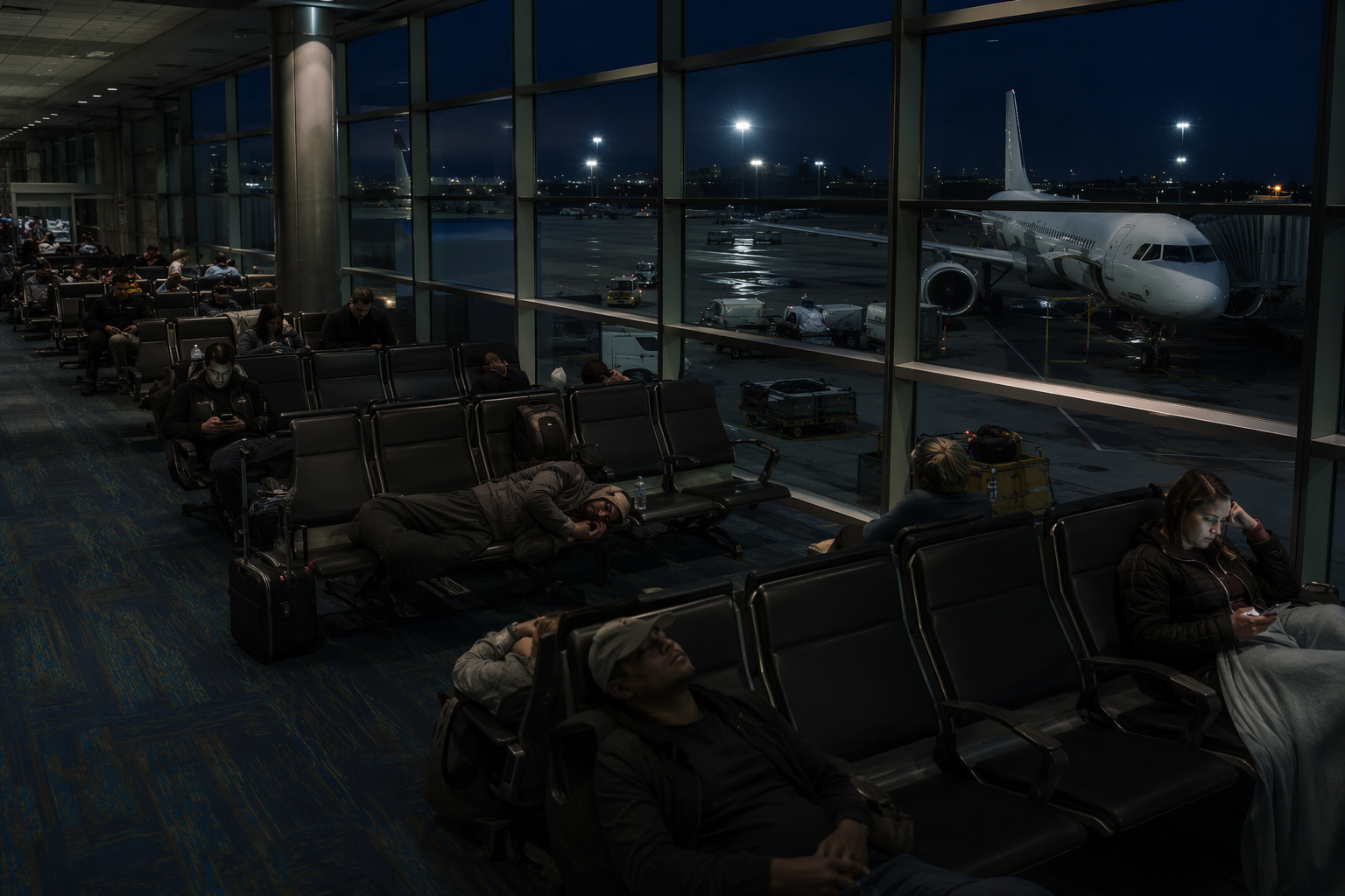 Late-night airport terminal with tired passengers and a plane on the tarmac under floodlights