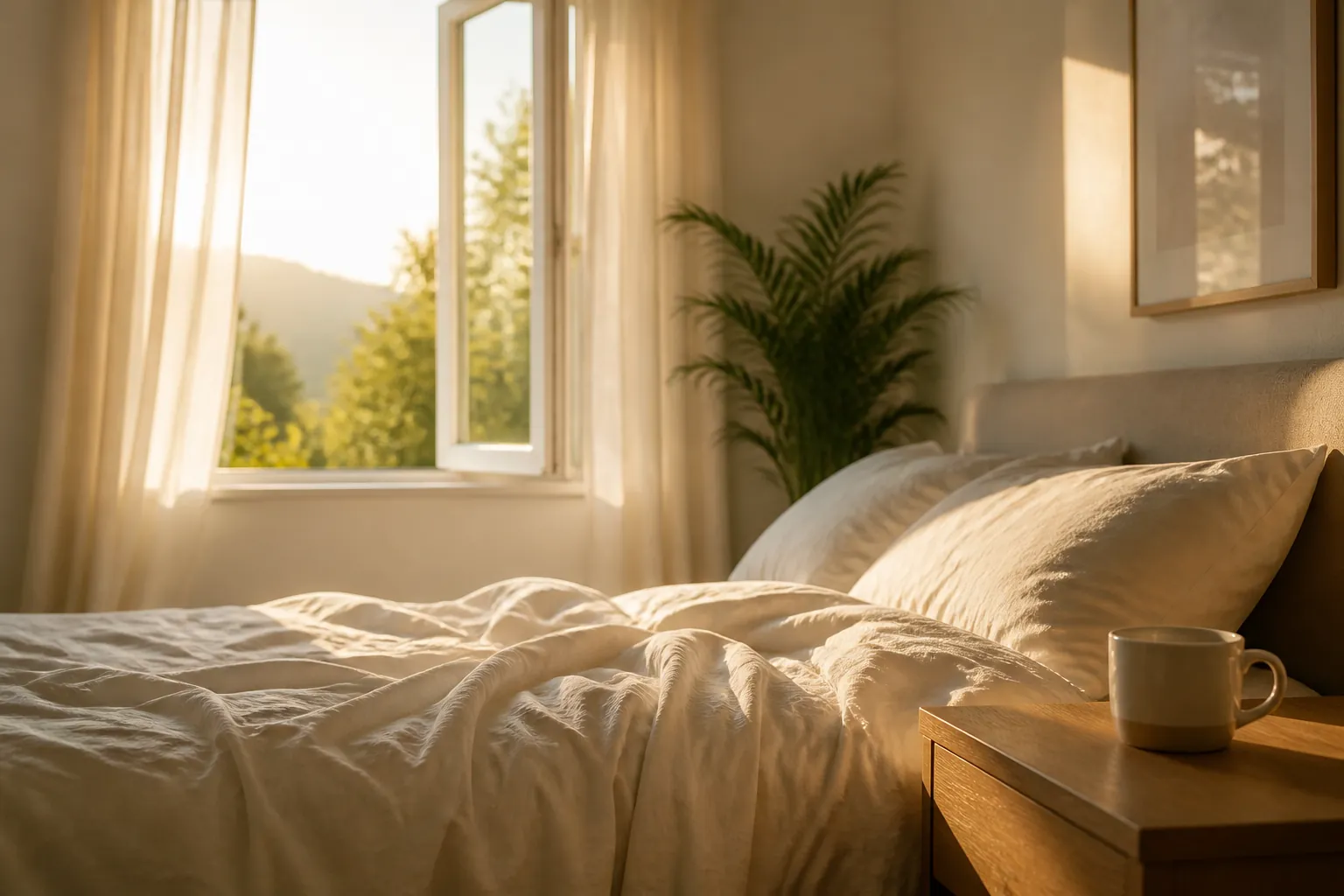 Bright morning bedroom with sunlight across rumpled covers and a mug on the nightstand