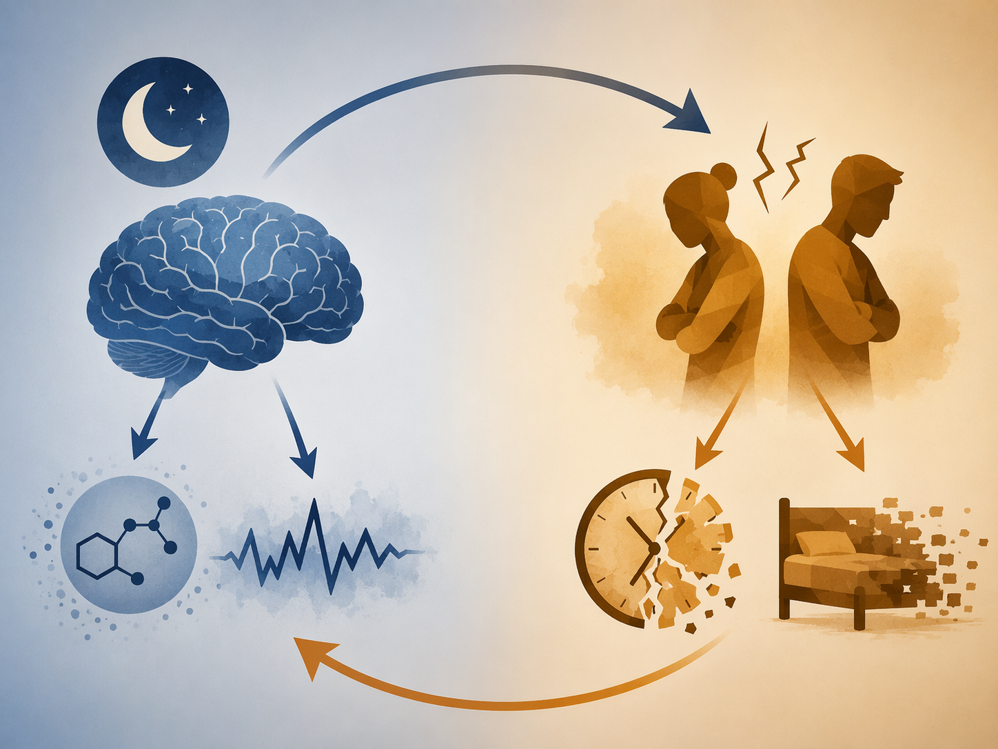 Editorial illustration of a bidirectional loop linking sleep deprivation, cortisol, emotional reactivity, and co-parenting tension.