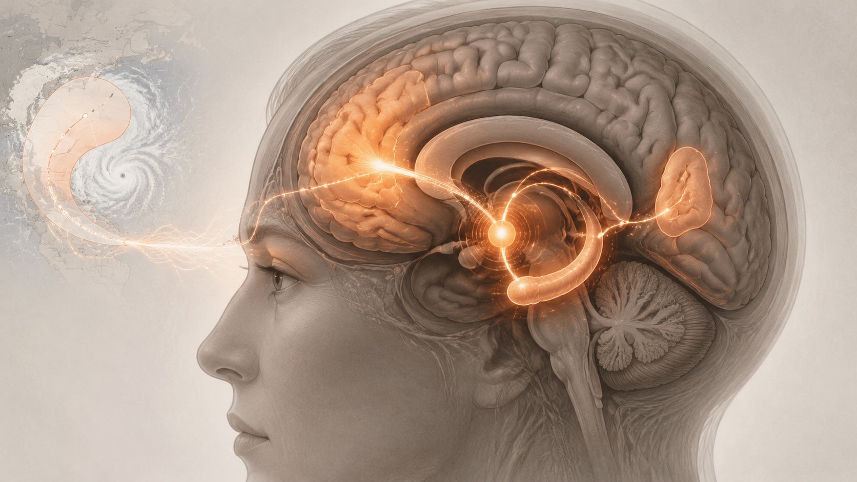 A medical-style illustration highlights the amygdala, insula, frontal cortex, and hippocampus responding to a hurricane forecast signal