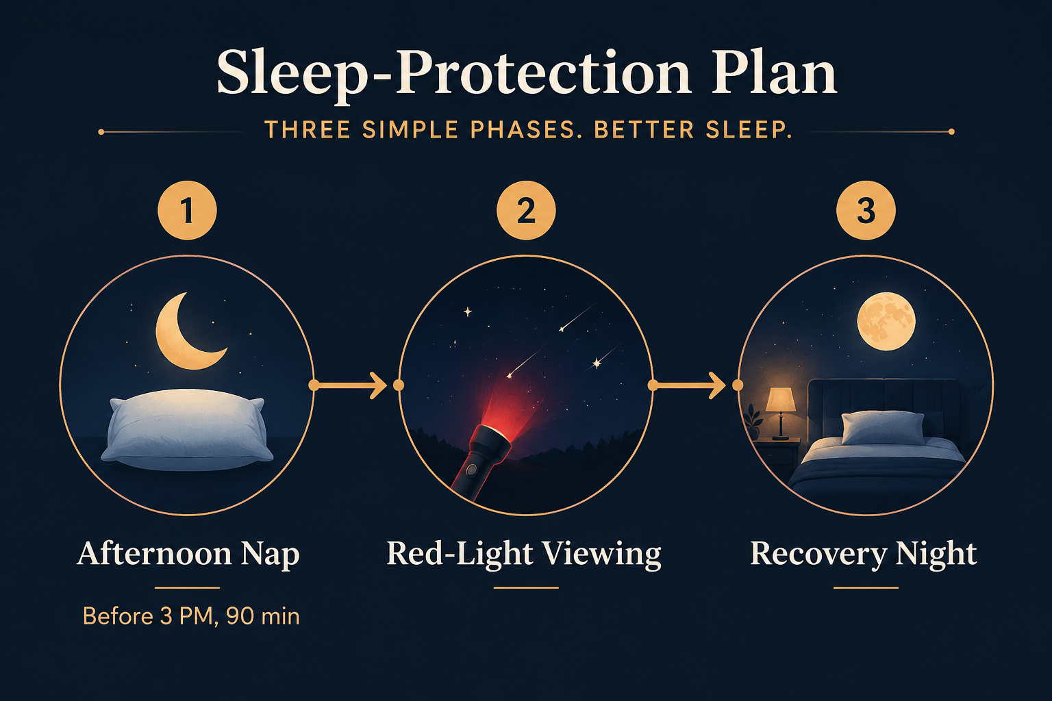 Three-phase timeline showing a 90-minute nap before 3 PM, red-light meteor viewing, and a protected recovery night