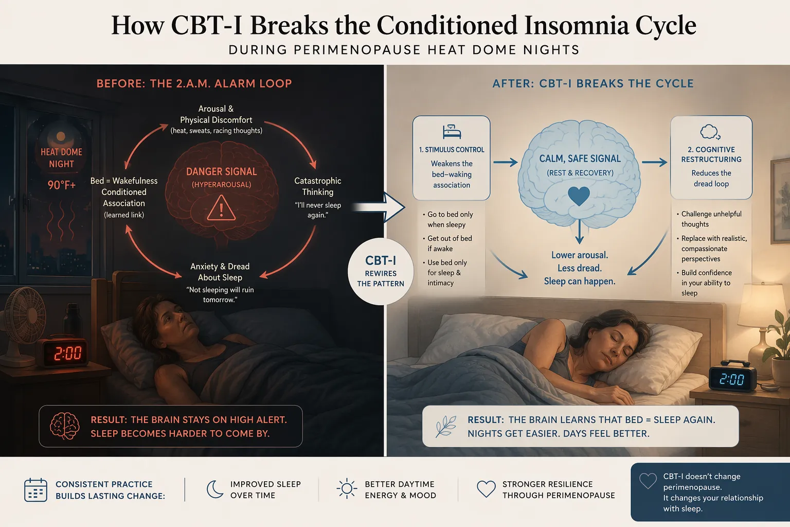 Side-by-side diagram showing CBT-I weakening the 2 a.m. bed-waking association through stimulus control and cognitive restructuring.