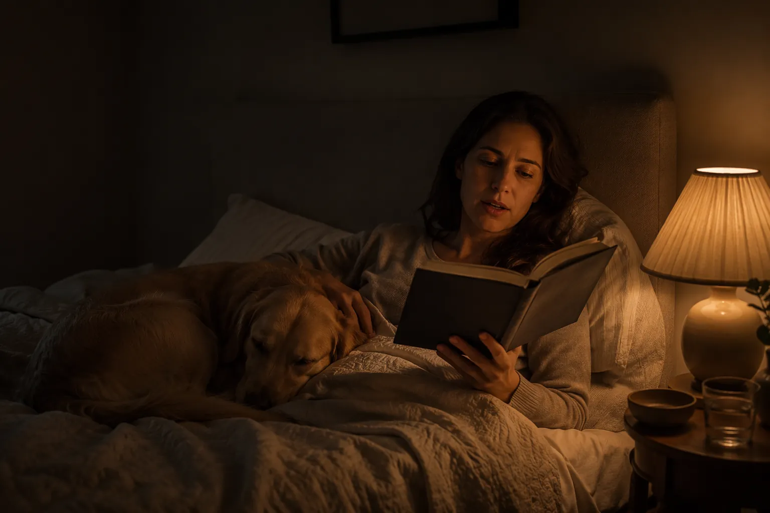 Adult woman reading aloud in bed beside a calm golden retriever in warm dim light
