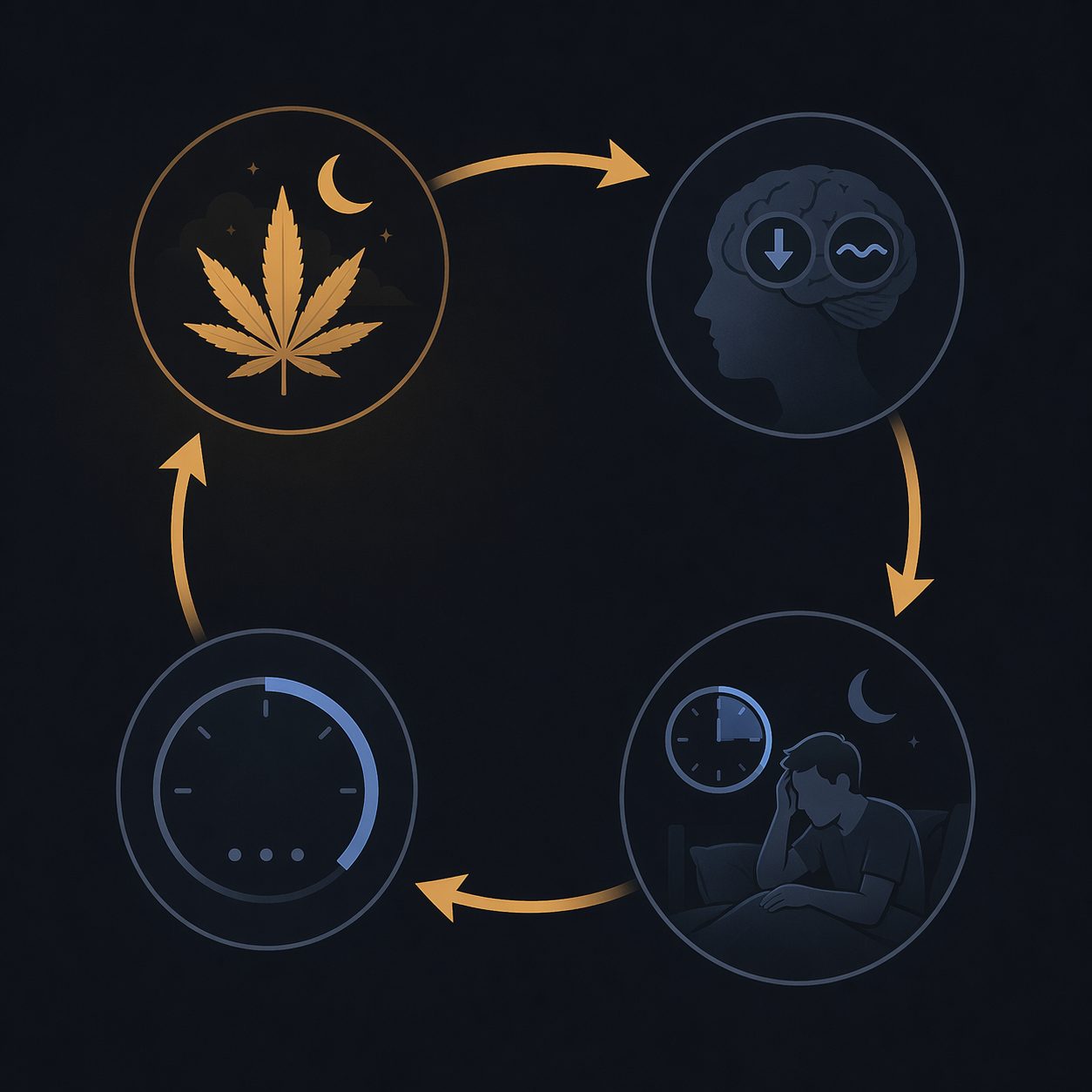 A circular medical illustration showing a bed, cannabis leaf, clock, and arrows representing a recurring sleep and cannabis cycle