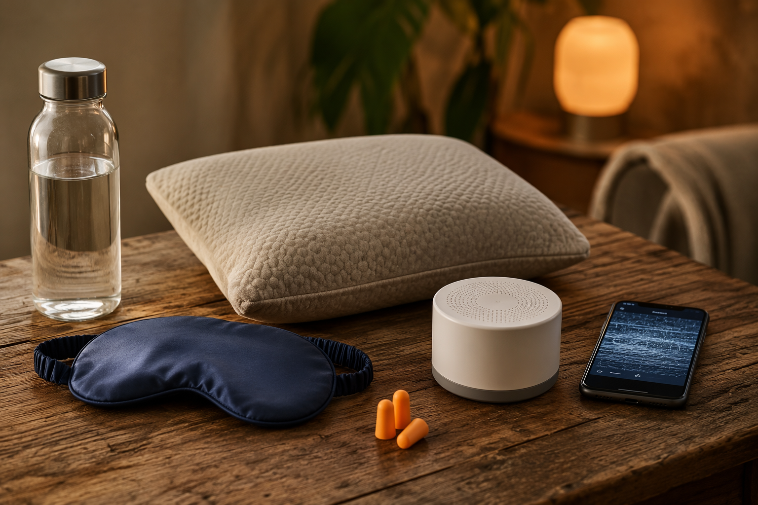 Camp-friendly sleep aids including a sleep mask, earplugs, white noise app, travel pillow, and water bottle