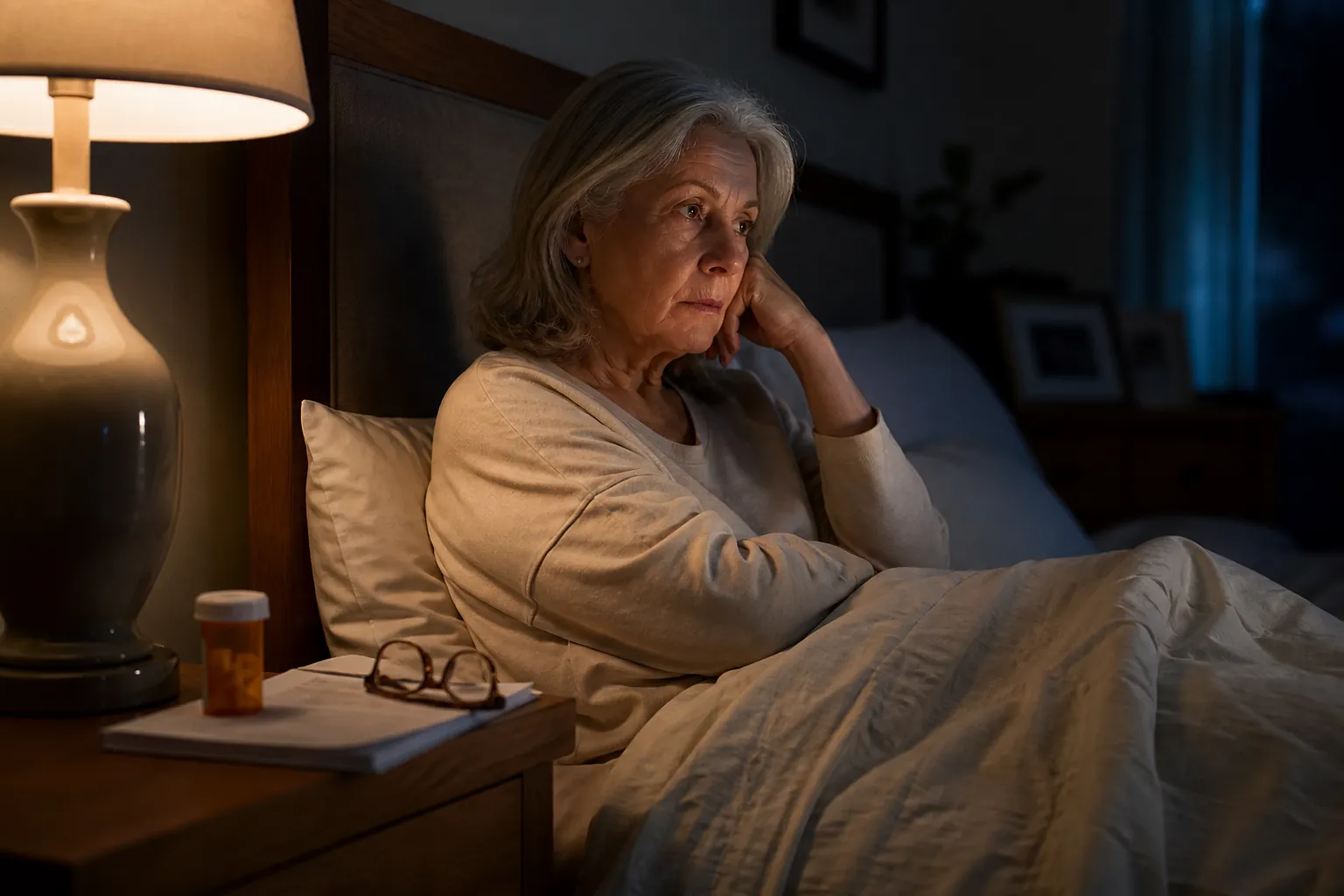 Older woman awake at night beside prescription medication and a Medicare document
