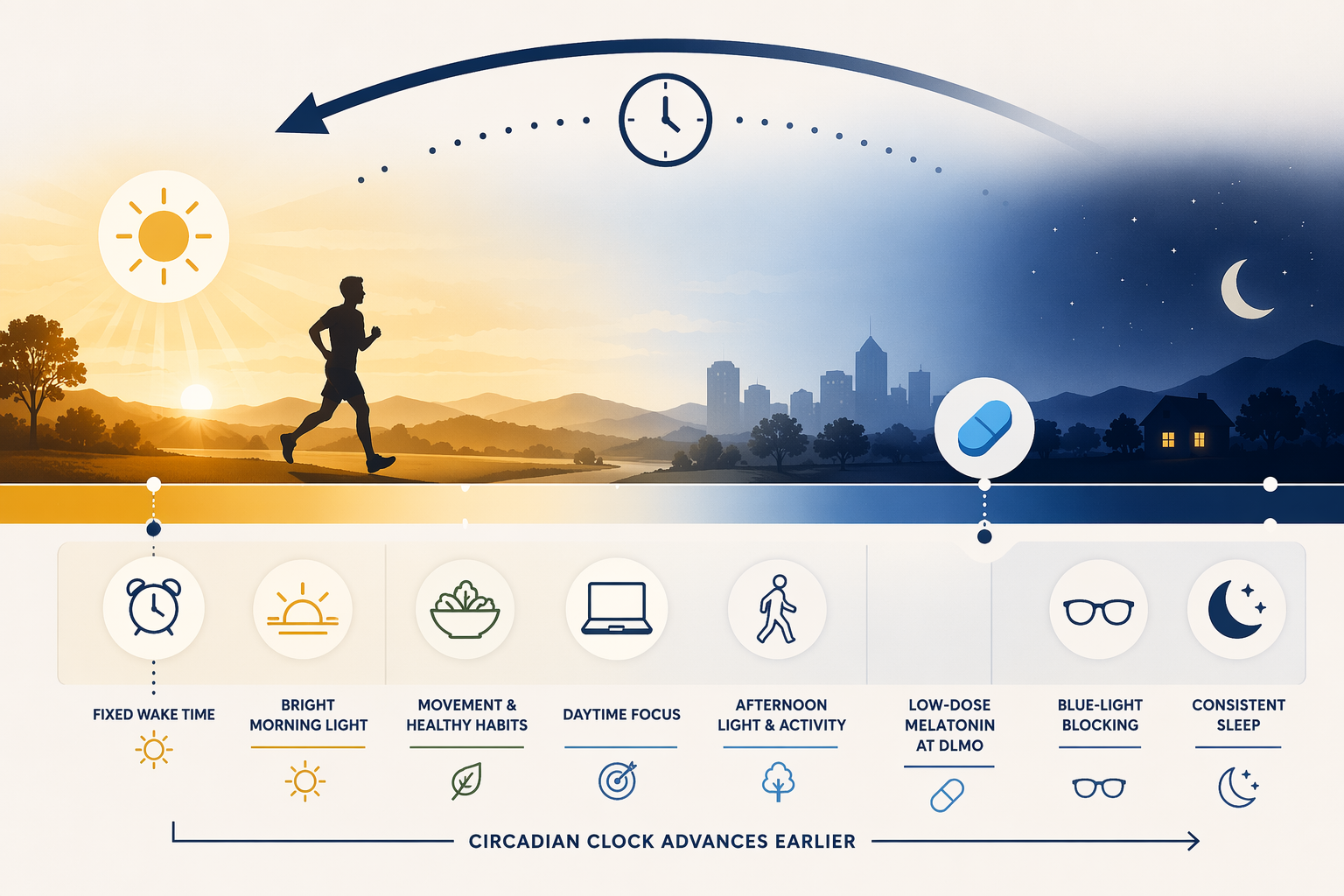 Timeline showing fixed wake time, morning light, morning exercise, evening darkness, and low-dose melatonin advancing the circadian clock