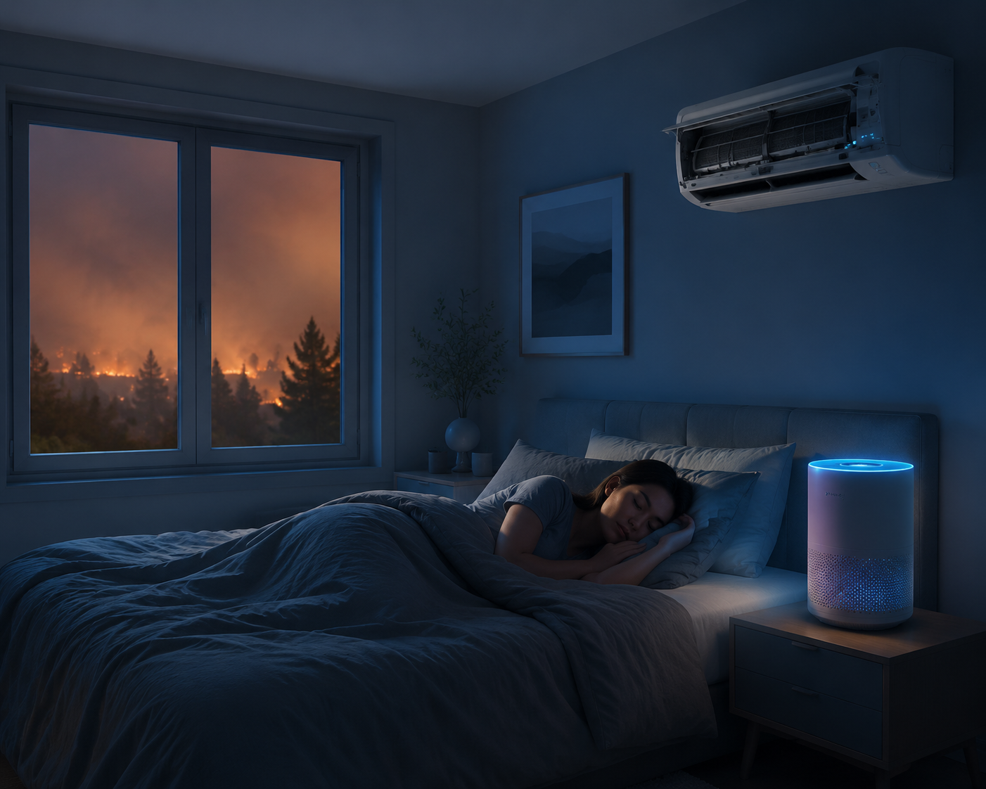 Bedroom with sealed window, air conditioner, and HEPA air purifier during wildfire smoke