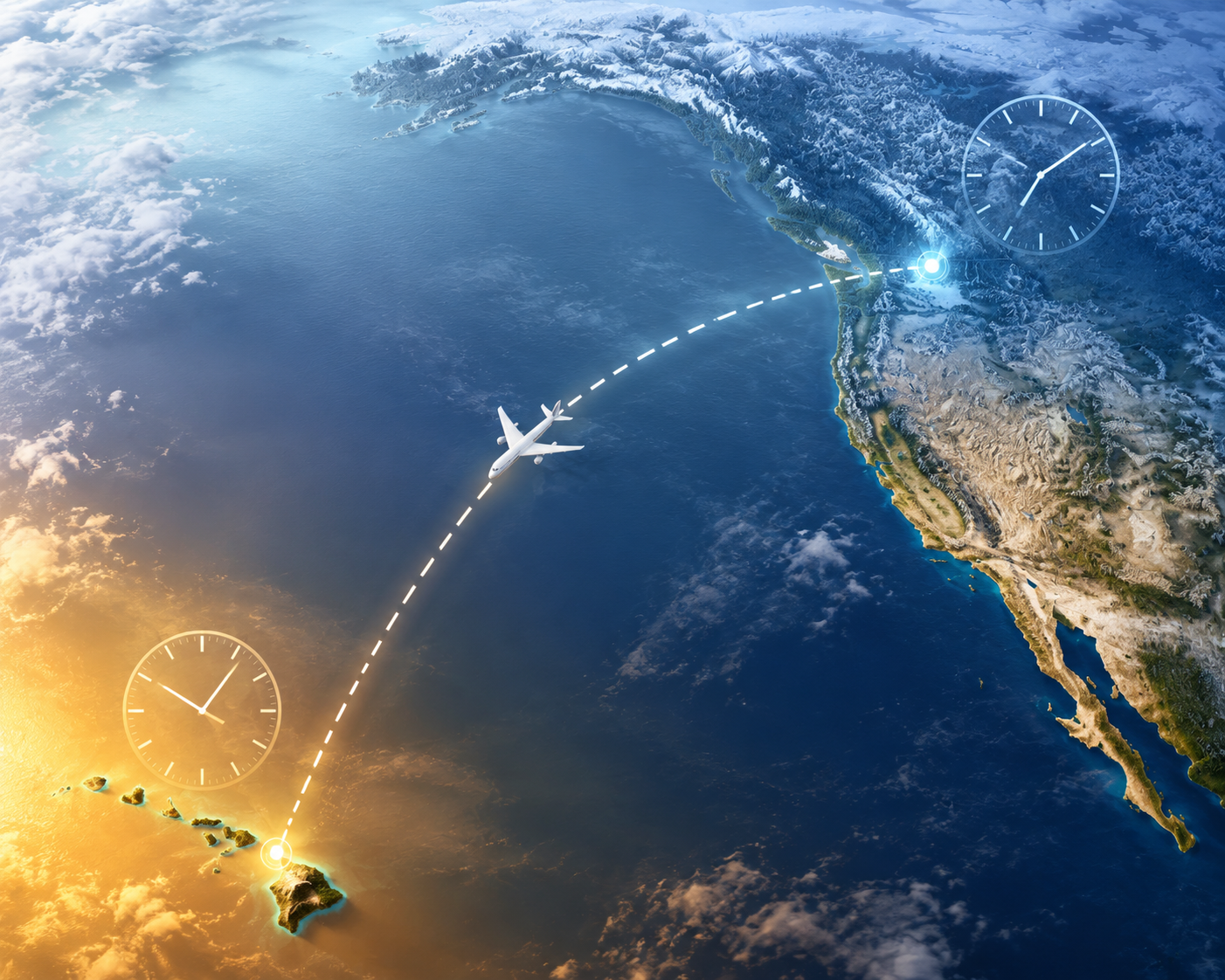 Map-style flight path from Washington state to Hawaii with clock elements showing the time difference