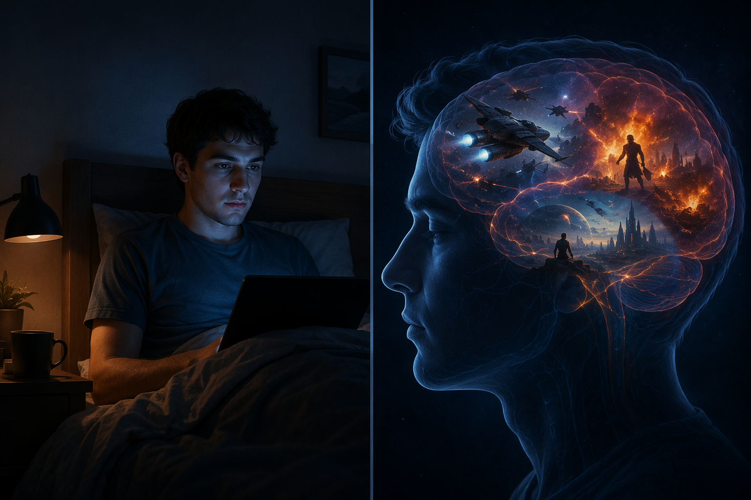 A person in bed facing an autoplay countdown while sci-fi images swirl inside a glowing brain silhouette