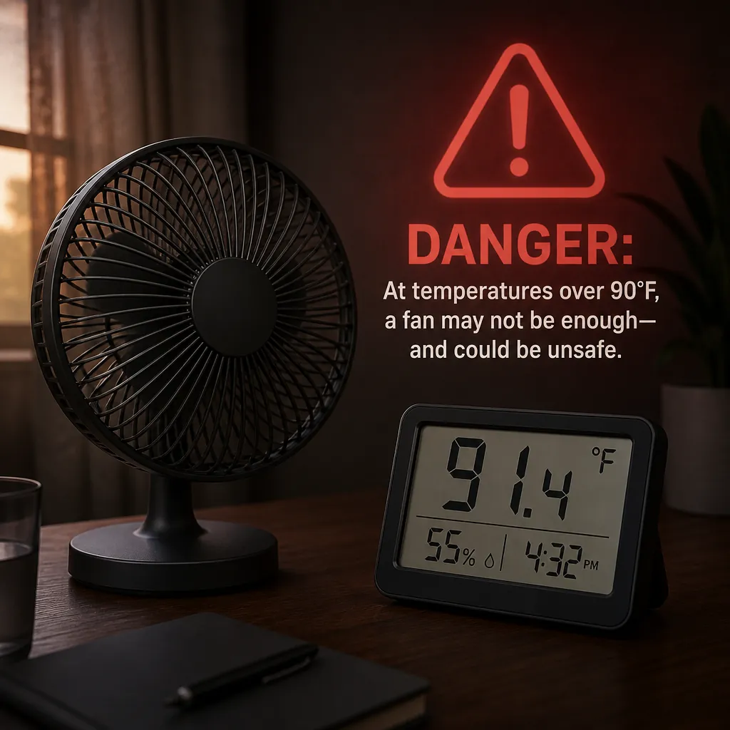 Desk fan beside a thermometer reading above 90 degrees Fahrenheit with a warning cue