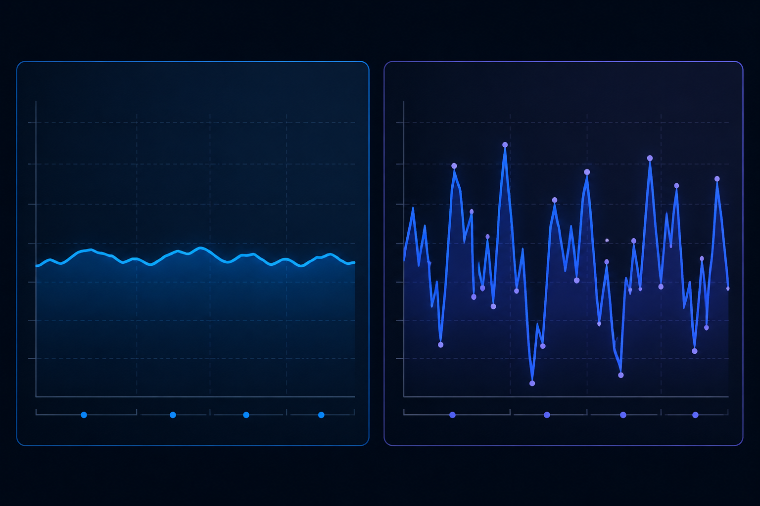 Side-by-side HRV trend comparison showing a smooth four-week line and a jagged four-week line