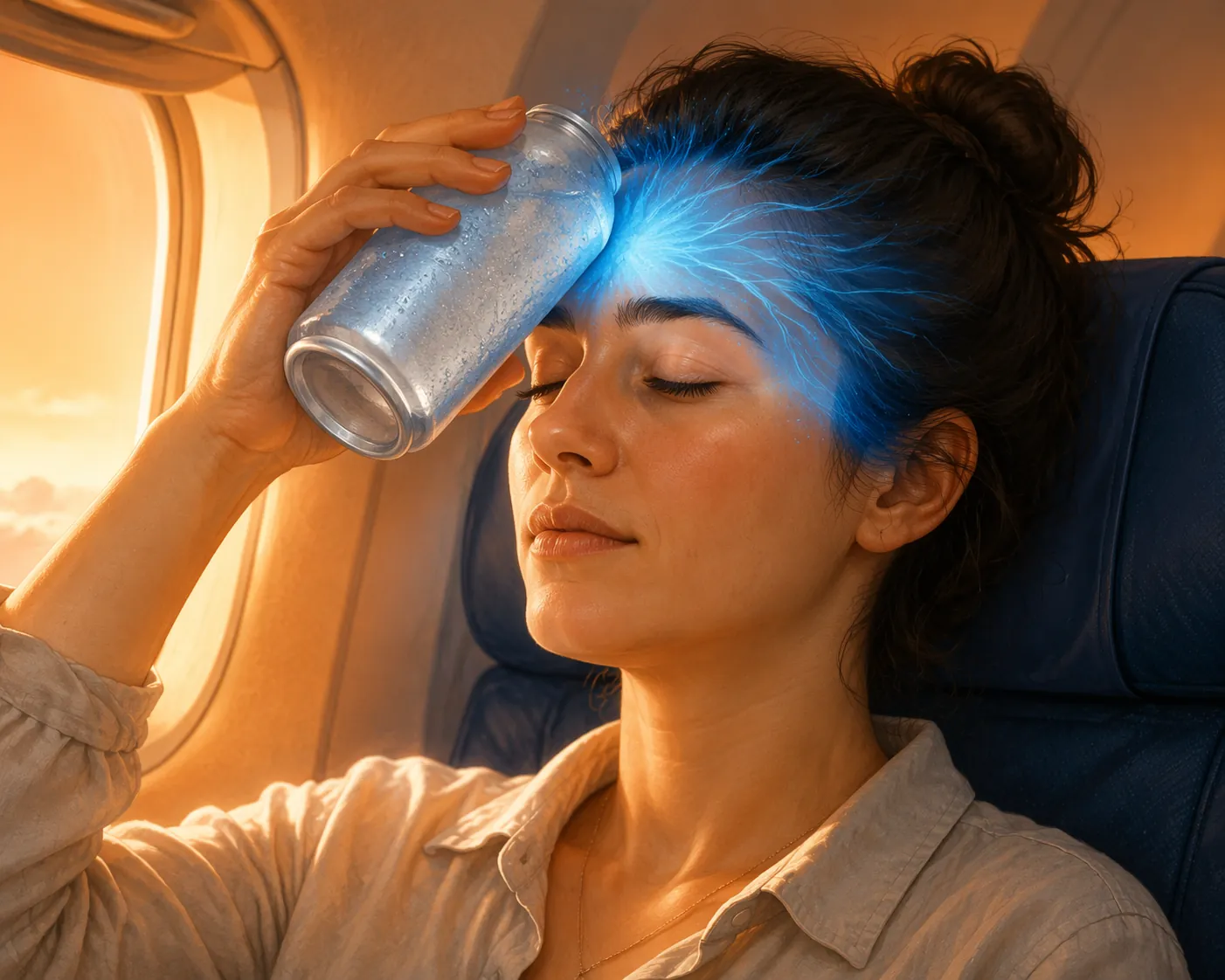 A person in an airplane seat pressing a cold drink can against their forehead with eyes closed