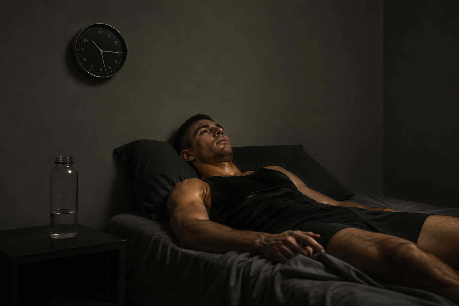 Combat sport athlete lying awake beside an empty water bottle during a weight cut